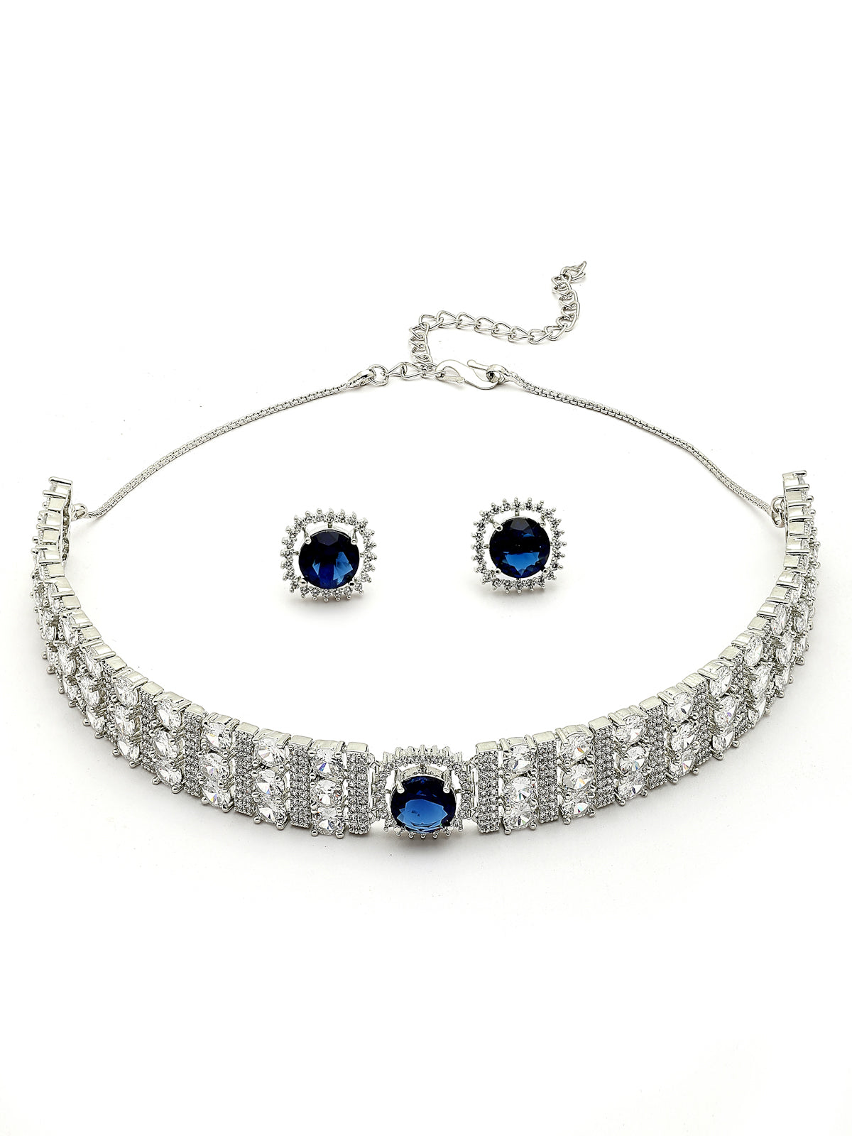 Sukkhi Iconic Blue Stylish Design Rhodium Plated Cubic Zirconia Studded Brass Choker Necklace with Studs Earrings Jewellery Set for Women|Latest Stylish Gifts for All Occasions|NS116069