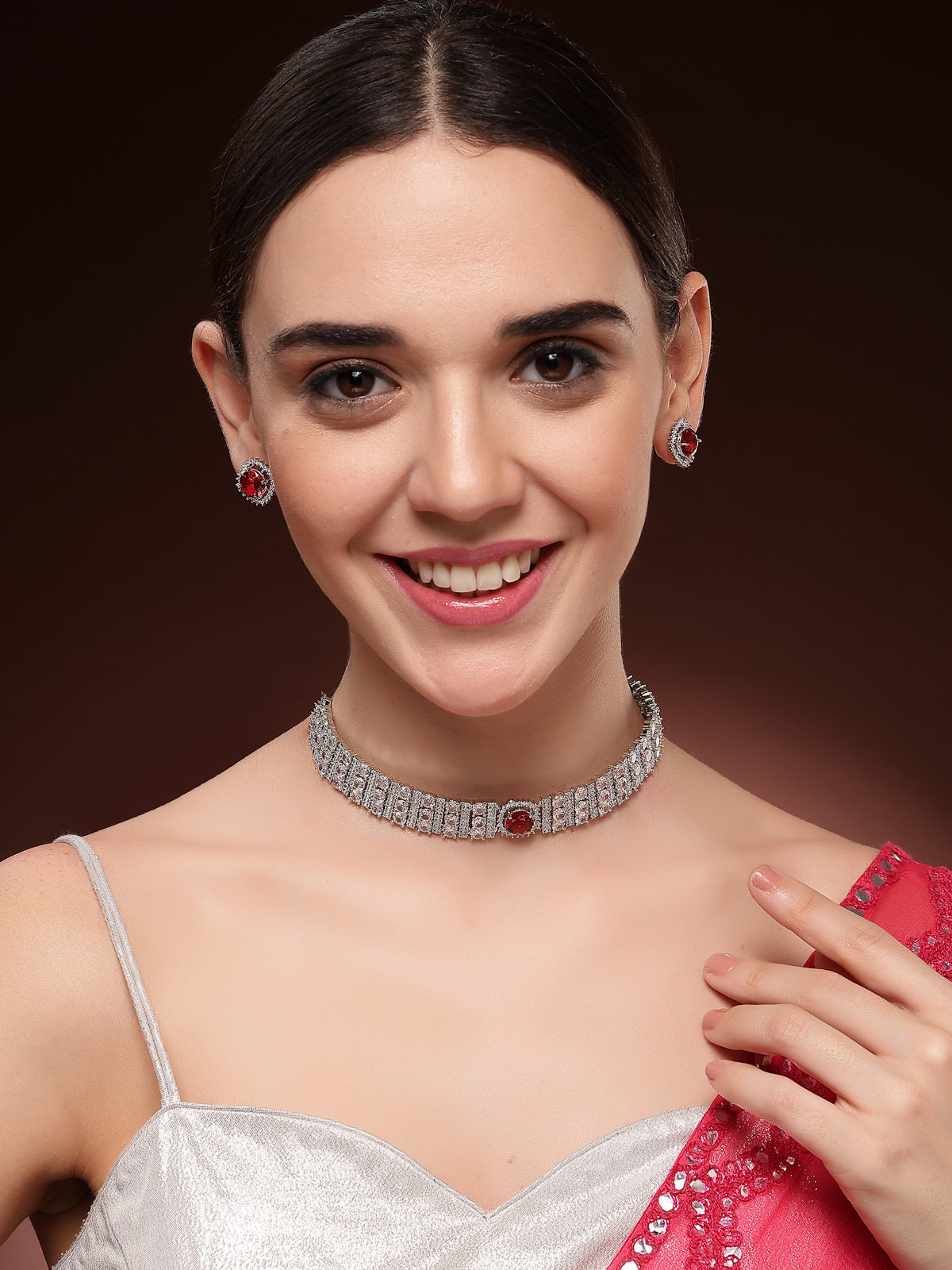 Sukkhi Red Cherry Stylish Rhodium Plated Cubic Zirconia Studded Brass Choker Necklace with Studs Earrings Jewellery Set for Women|Latest Stylish Gifts for All Occasions|NS116070