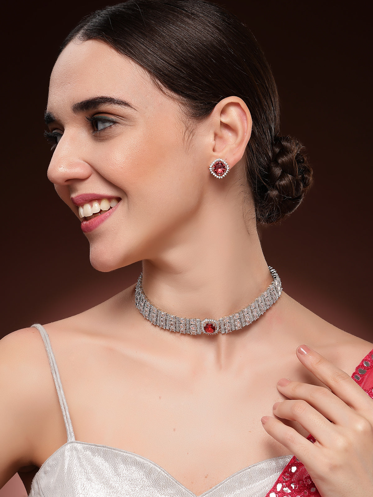 Sukkhi Red Cherry Stylish Rhodium Plated Cubic Zirconia Studded Brass Choker Necklace with Studs Earrings Jewellery Set for Women|Latest Stylish Gifts for All Occasions|NS116070