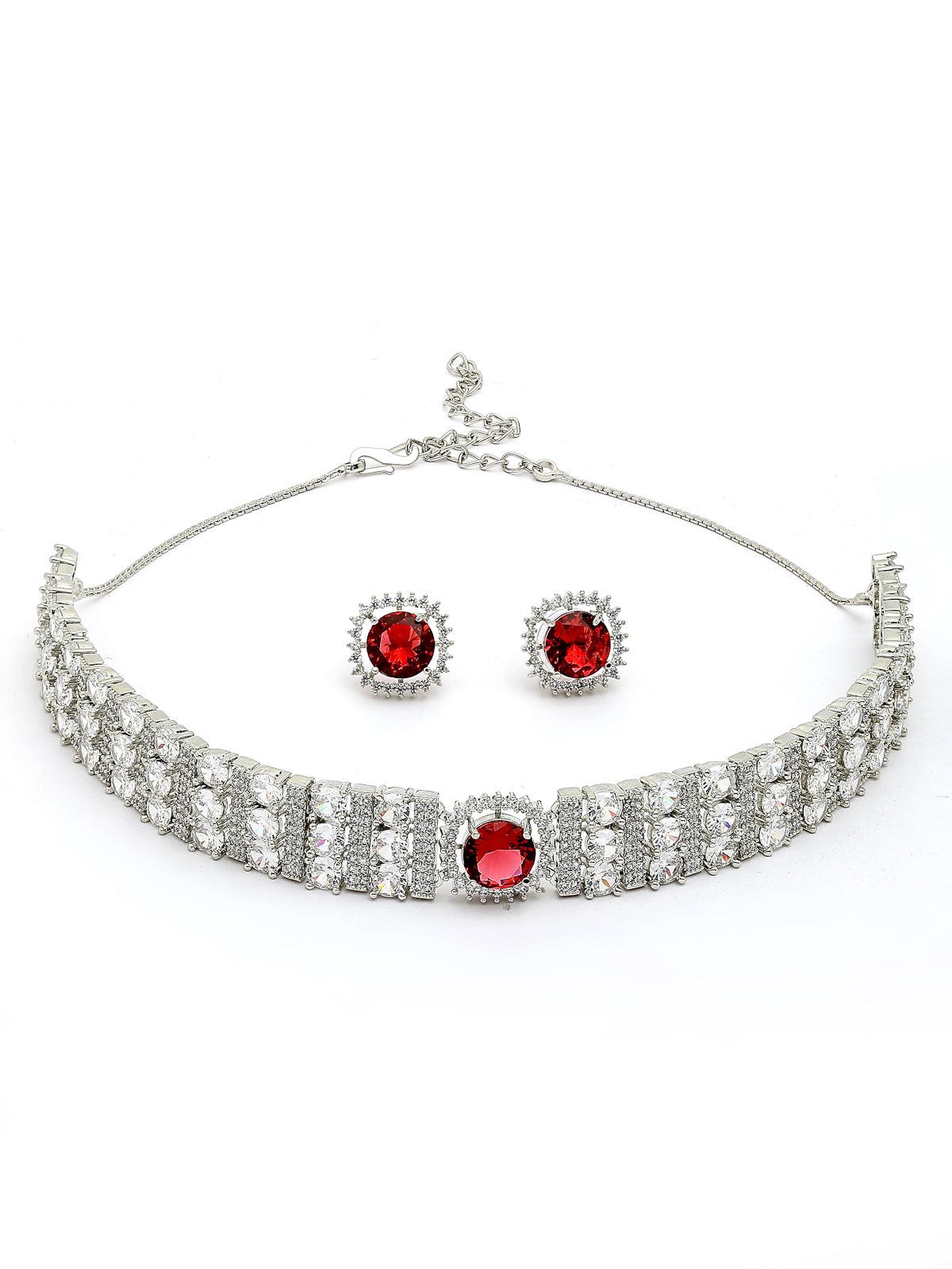 Sukkhi Red Cherry Stylish Rhodium Plated Cubic Zirconia Studded Brass Choker Necklace with Studs Earrings Jewellery Set for Women|Latest Stylish Gifts for All Occasions|NS116070
