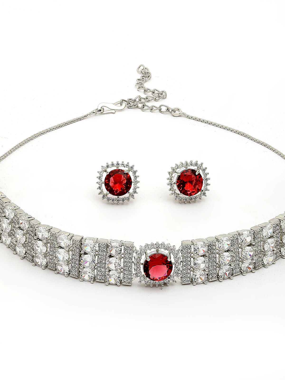 Sukkhi Red Cherry Stylish Rhodium Plated Cubic Zirconia Studded Brass Choker Necklace with Studs Earrings Jewellery Set for Women|Latest Stylish Gifts for All Occasions|NS116070