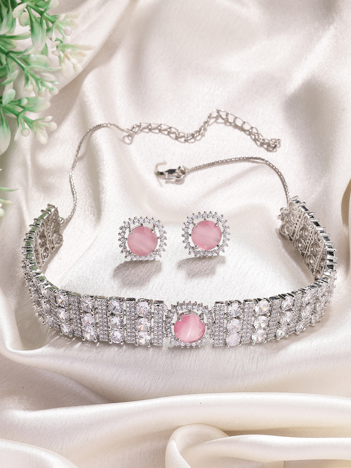 Sukkhi Elegant Stylish Rhodium Plated Cubic Zirconia Studded Brass Pink Choker Necklace with Studs Earrings Jewellery Set for Women|Latest Stylish Gifts for All Occasions|NS116071