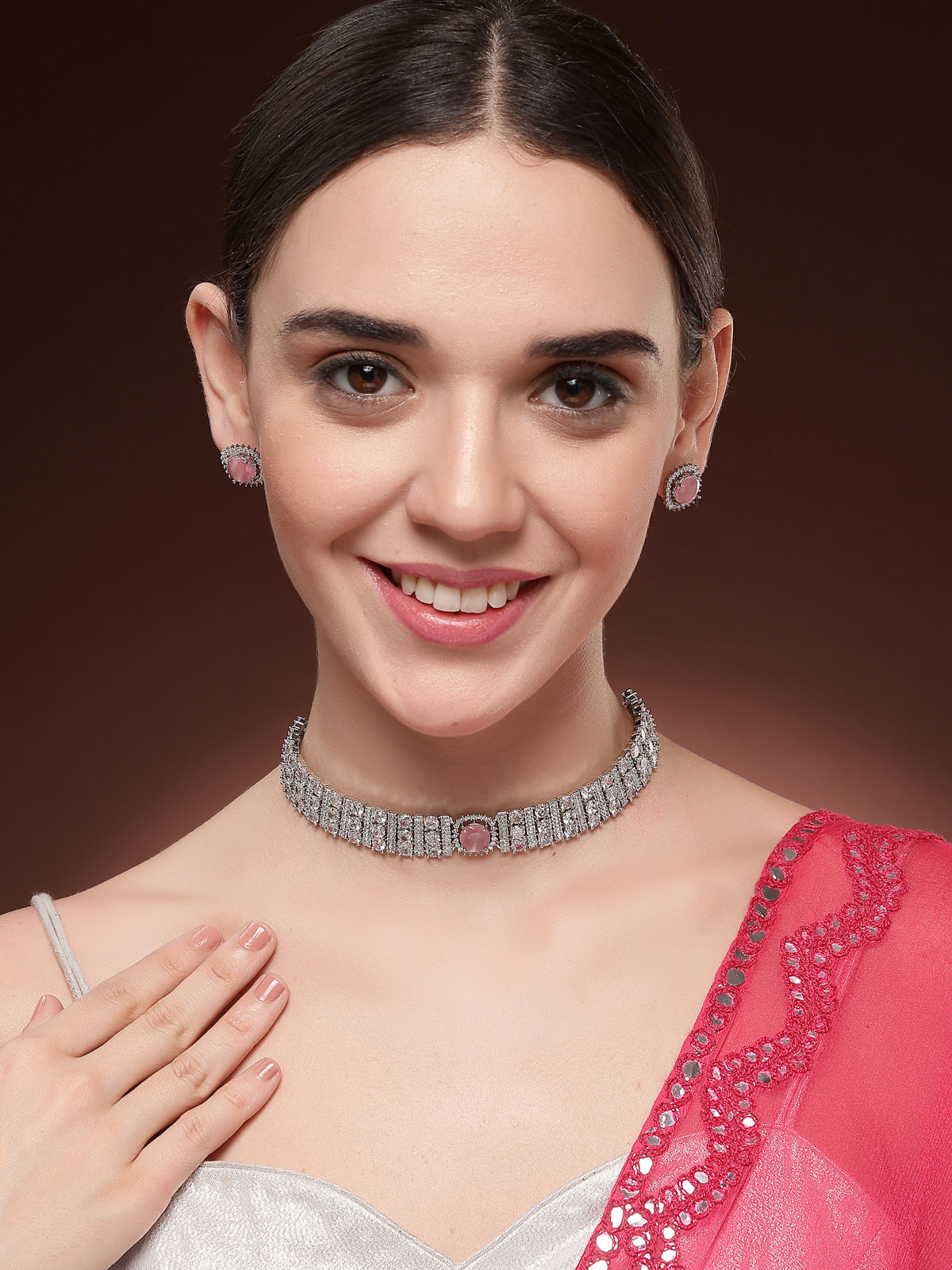 Sukkhi Elegant Stylish Rhodium Plated Cubic Zirconia Studded Brass Pink Choker Necklace with Studs Earrings Jewellery Set for Women|Latest Stylish Gifts for All Occasions|NS116071