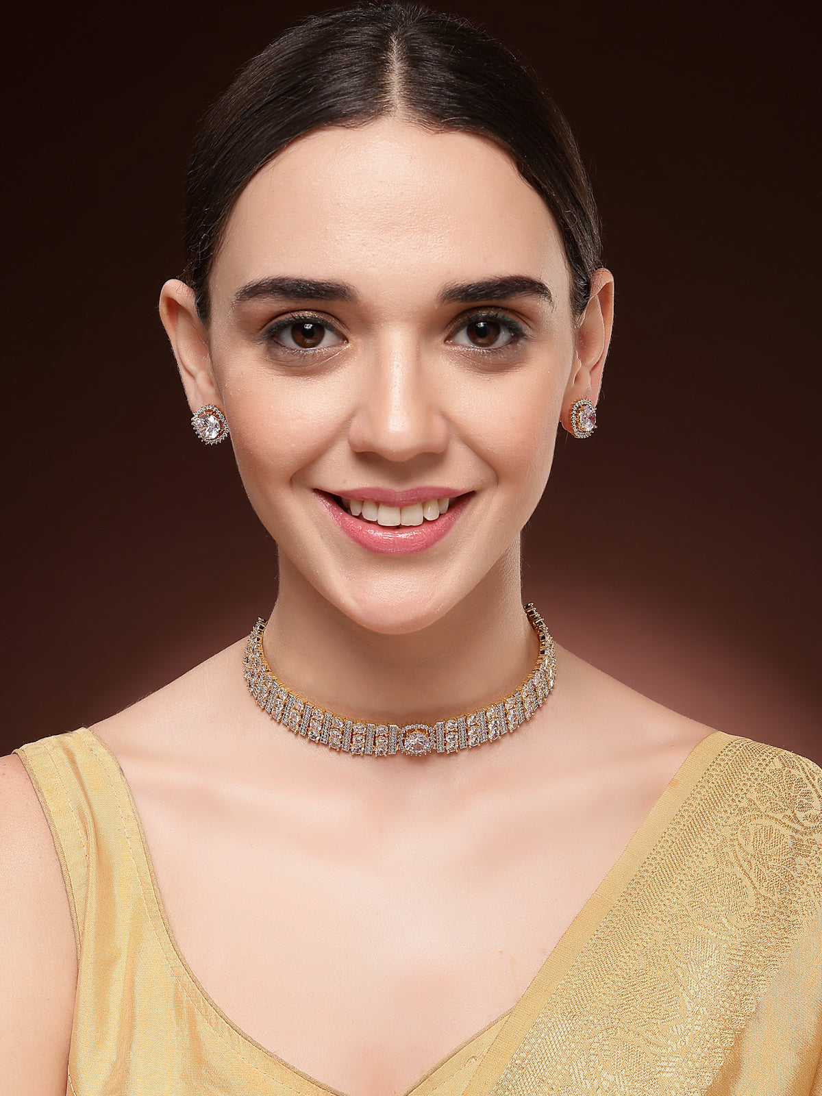 Sukkhi Attractive Gold Plated Cubic Zirconia Studded White Brass Choker Necklace with Studs Earrings Jewellery Set for Women|Latest Stylish Gifts for All Occasions|NS116072