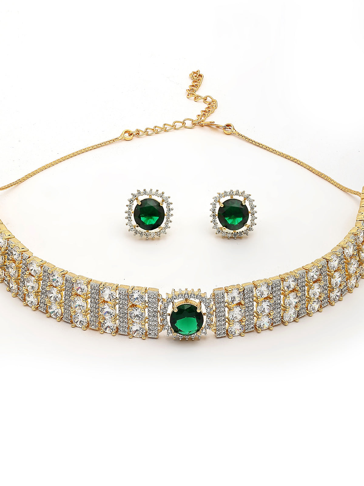 Sukkhi Eye Catchy Gold Plated Cubic Zirconia Studded Emerald Green Brass Choker Necklace with Studs Earrings Jewellery Set for Women|Latest Stylish Gifts for All Occasions|NS116073