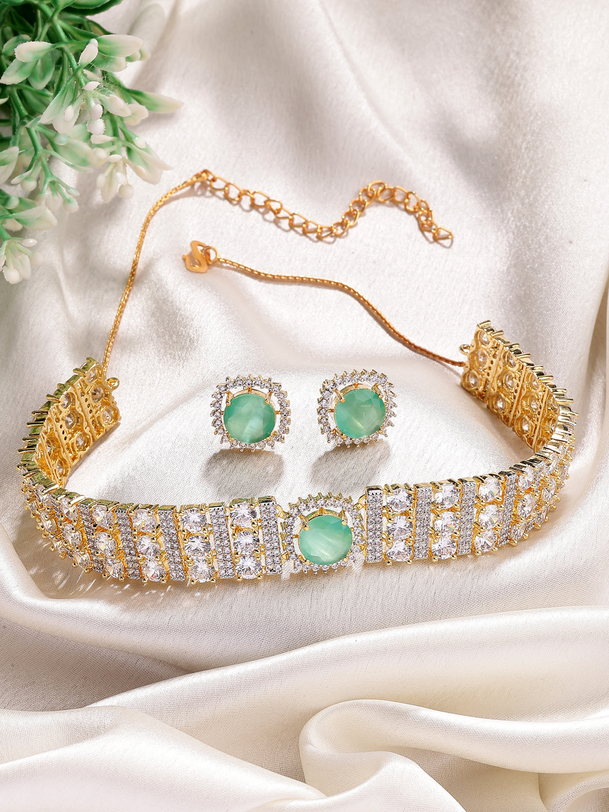 Sukkhi Glamorous Gold Plated Cubic Zirconia Studded Mint Green Brass Choker Necklace with Studs Earrings Jewellery Set for Women|Latest Stylish Gifts for All Occasions|NS116074