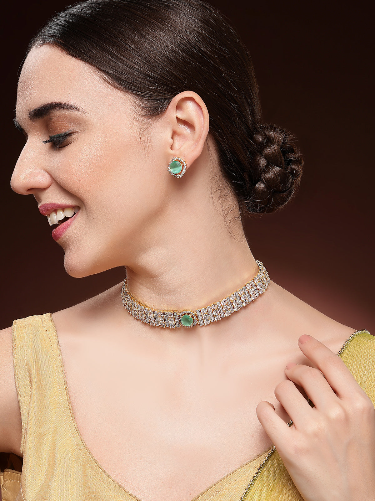 Sukkhi Glamorous Gold Plated Cubic Zirconia Studded Mint Green Brass Choker Necklace with Studs Earrings Jewellery Set for Women|Latest Stylish Gifts for All Occasions|NS116074
