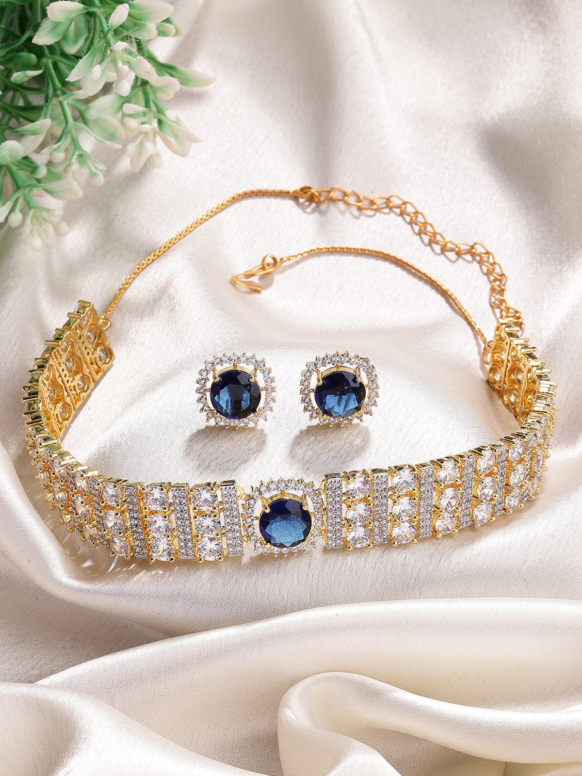 Sukkhi Lavish Gold Plated Cubic Zirconia Studded Blue Brass Choker Necklace with Studs Earrings Jewellery Set for Women|Latest Stylish Gifts for All Occasions|NS116075