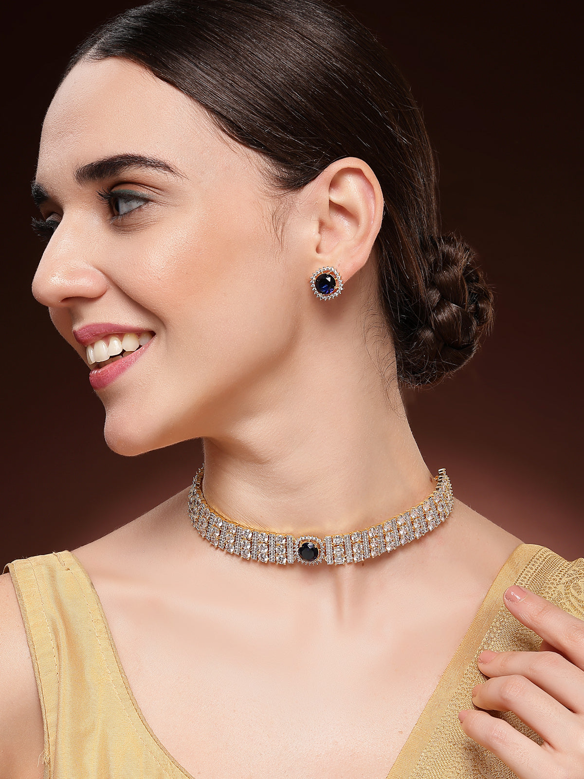 Sukkhi Lavish Gold Plated Cubic Zirconia Studded Blue Brass Choker Necklace with Studs Earrings Jewellery Set for Women|Latest Stylish Gifts for All Occasions|NS116075