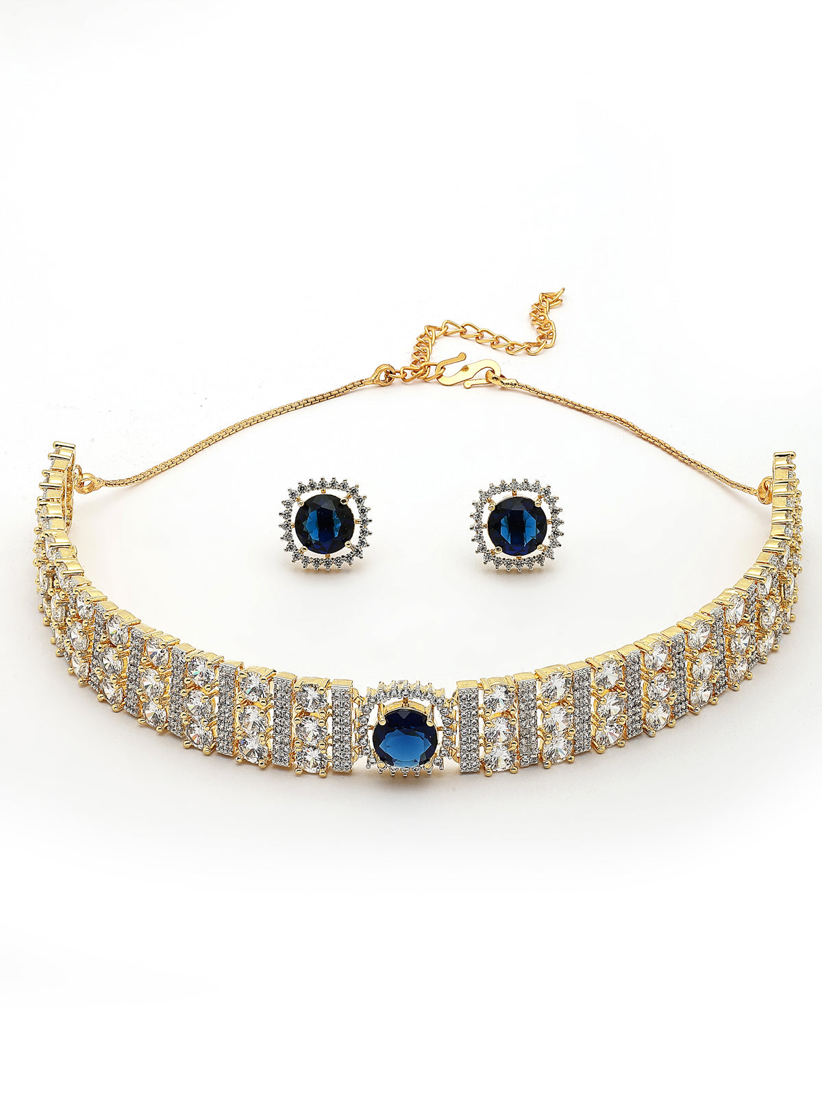 Sukkhi Lavish Gold Plated Cubic Zirconia Studded Blue Brass Choker Necklace with Studs Earrings Jewellery Set for Women|Latest Stylish Gifts for All Occasions|NS116075