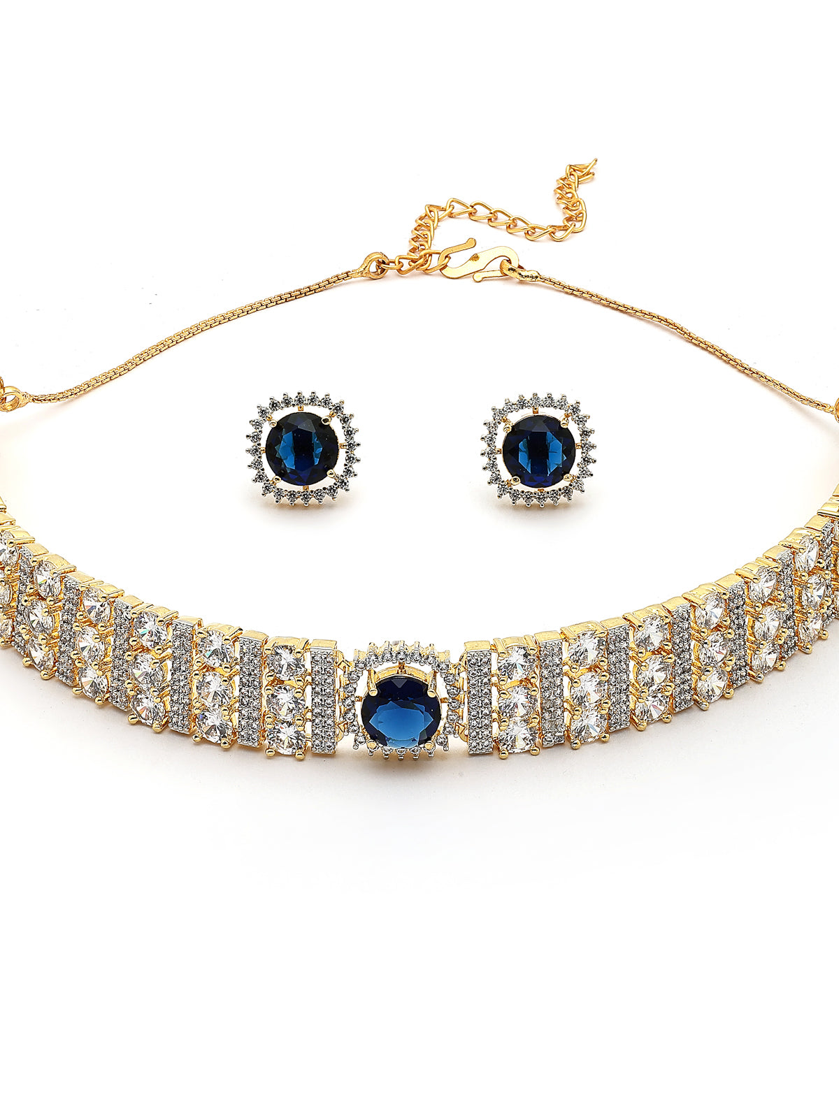 Sukkhi Lavish Gold Plated Cubic Zirconia Studded Blue Brass Choker Necklace with Studs Earrings Jewellery Set for Women|Latest Stylish Gifts for All Occasions|NS116075