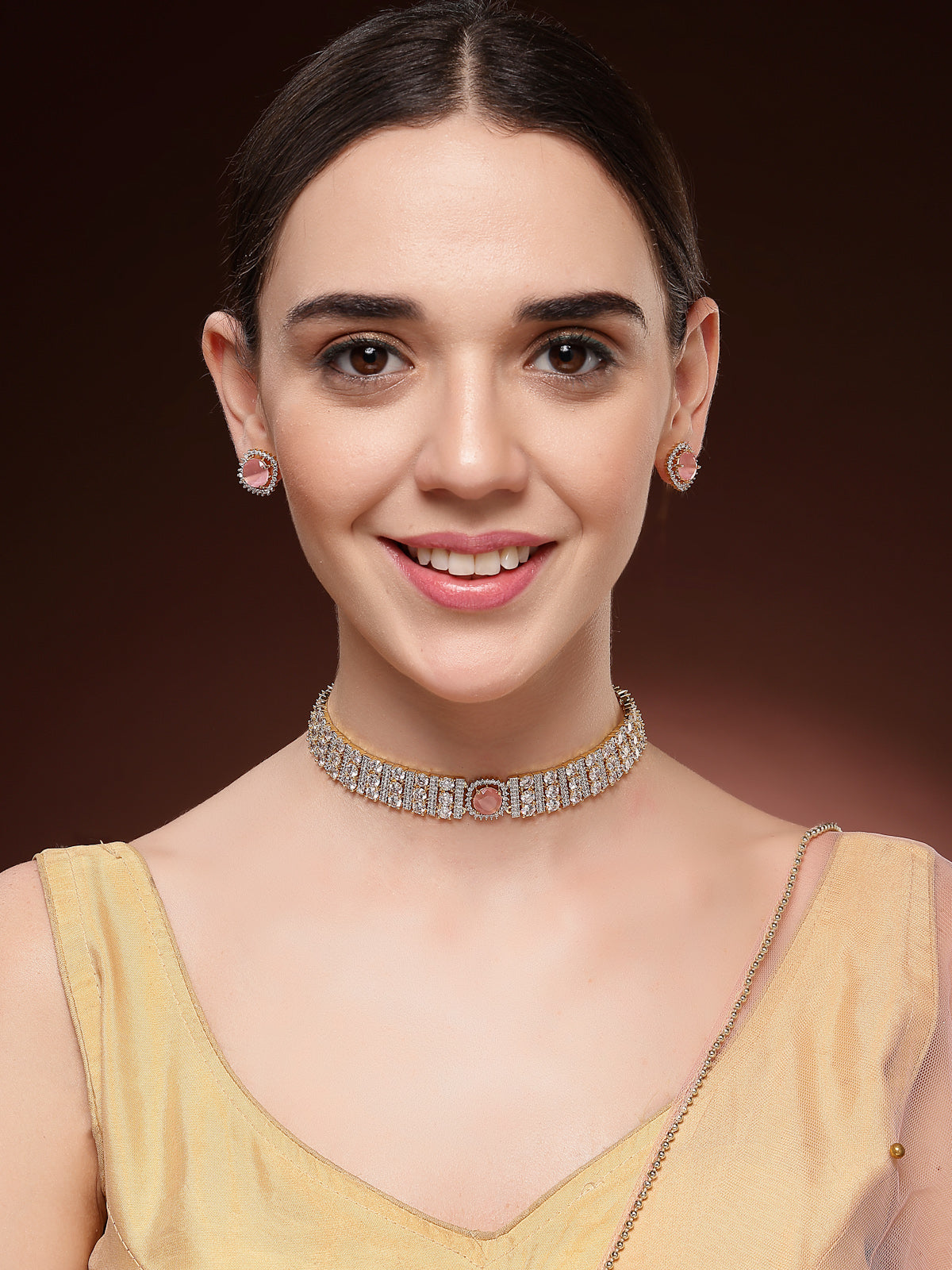 Sukkhi Attractive Pink Gold Plated Cubic Zirconia Studded Brass Choker Necklace with Studs Earrings Jewellery Set for Women|Latest Stylish Gifts for All Occasions|NS116077