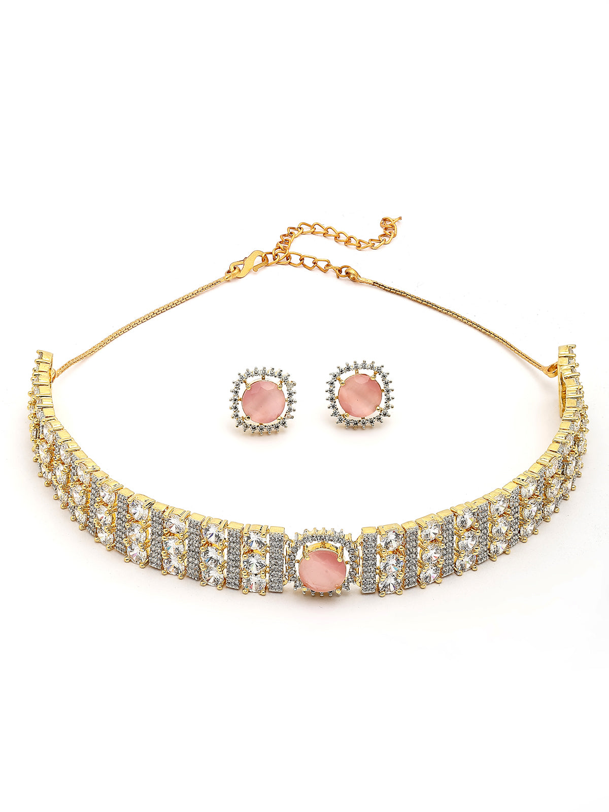 Sukkhi Attractive Pink Gold Plated Cubic Zirconia Studded Brass Choker Necklace with Studs Earrings Jewellery Set for Women|Latest Stylish Gifts for All Occasions|NS116077