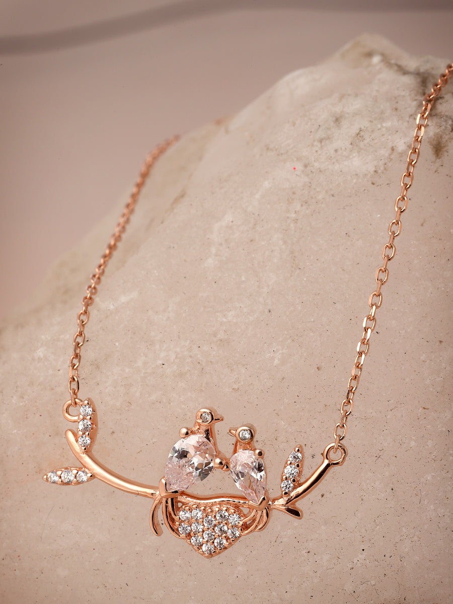 Pissara by Sukkhi Magnificent 925 Sterling Silver Love Birds & Heart Shaped Rose Gold Plated Cubic Zirconia Pendant With Chain For Women & Girls|with Authenticity Certificate, 925 Stamp & 6 Months Warranty P105195