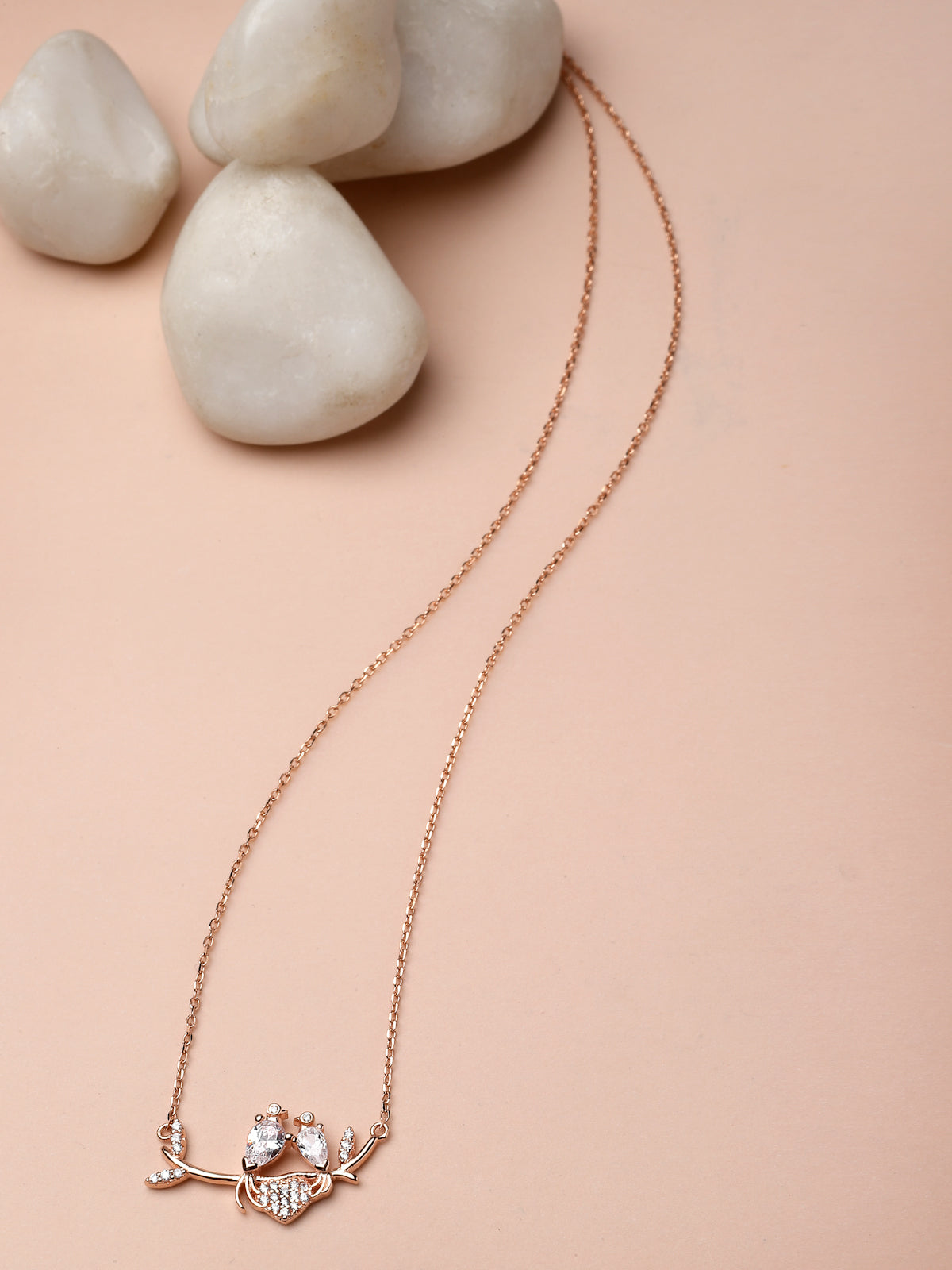 Pissara by Sukkhi Magnificent 925 Sterling Silver Love Birds & Heart Shaped Rose Gold Plated Cubic Zirconia Pendant With Chain For Women & Girls|with Authenticity Certificate, 925 Stamp & 6 Months Warranty P105195