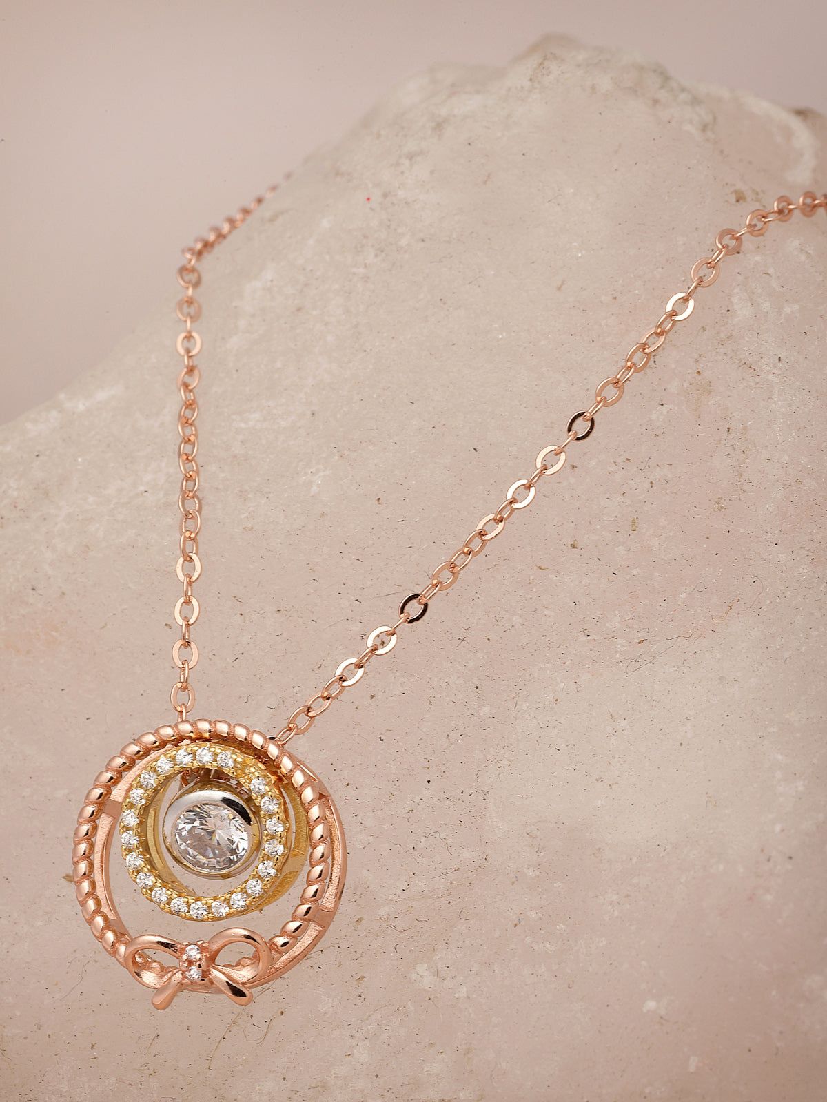 Pissara by Sukkhi Blossomy 925 Sterling Silver Round Shaped Rose Gold Plated Cubic Zirconia Pendant With Chain For Women & Girls|with Authenticity Certificate, 925 Stamp & 6 Months Warranty P105201