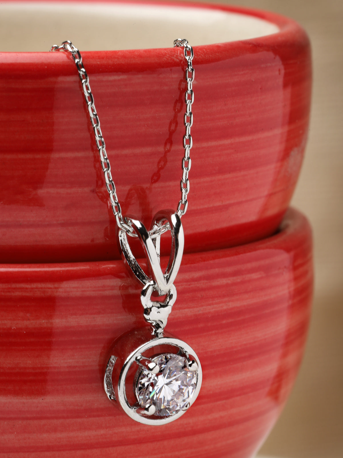 Pissara by Sukkhi Finely 925 Sterling Silver Round Shaped Cubic Zirconia Pendant With Chain For Women & Girls|with Authenticity Certificate, 925 Stamp & 6 Months Warranty P105212