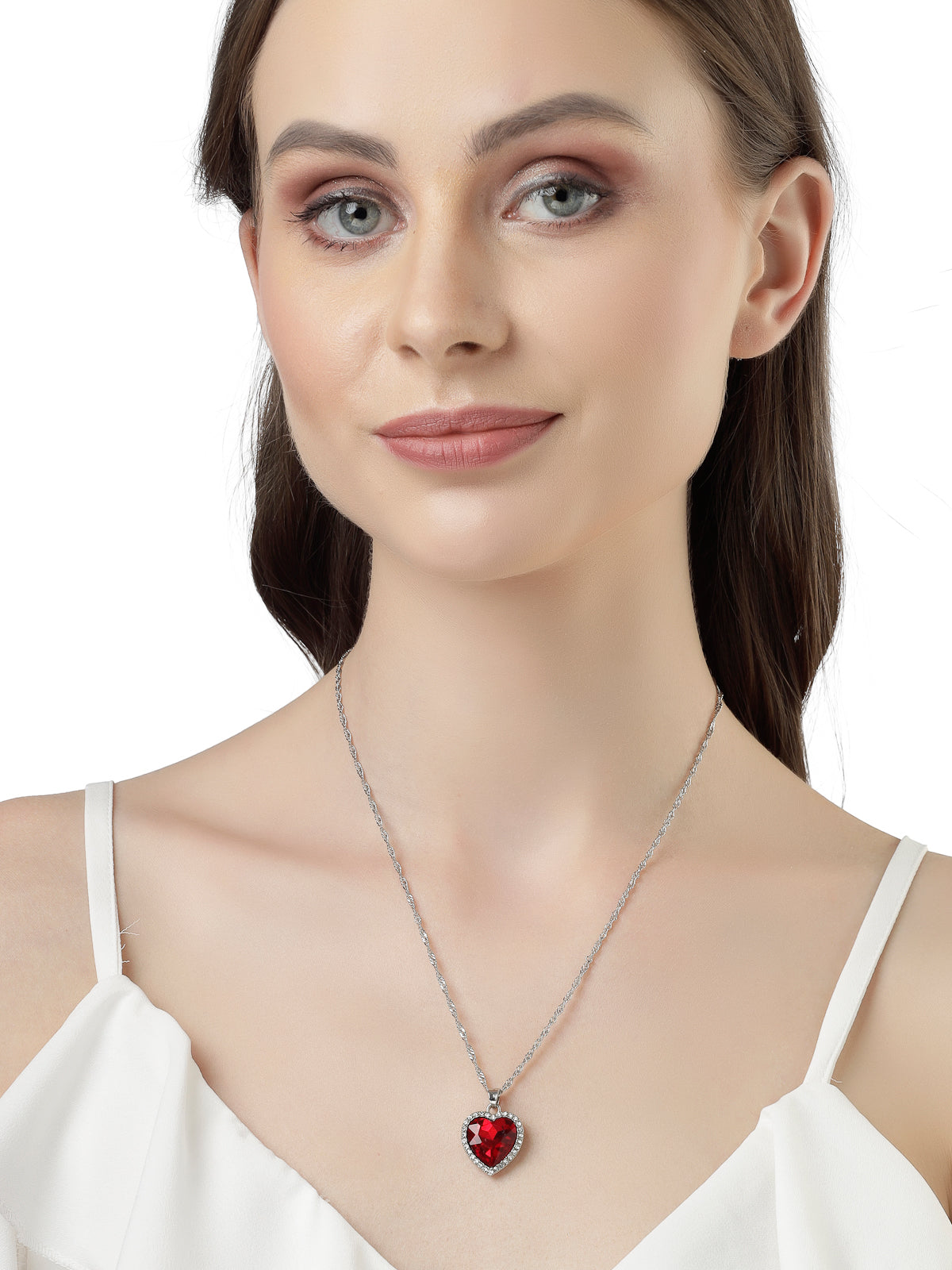 Scintillare by Sukkhi Elegant Stylish Red Heart Shaped Crystals With Rhodium Plated Silver Pendant With Chain for Women And Girls | Valentine Day Gifts Collection|P106608