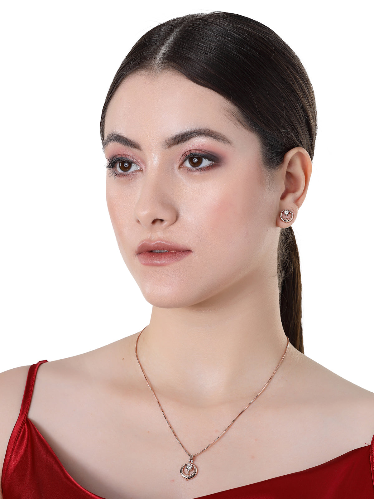 Pissara by Sukkhi Lavish 925 Sterling Silver Round Shaped Rose Gold Plated Cubic Zirconia Pendant Set For Women & Girls|with Authenticity Certificate, 925 Stamp & 6 Months Warranty PS105215