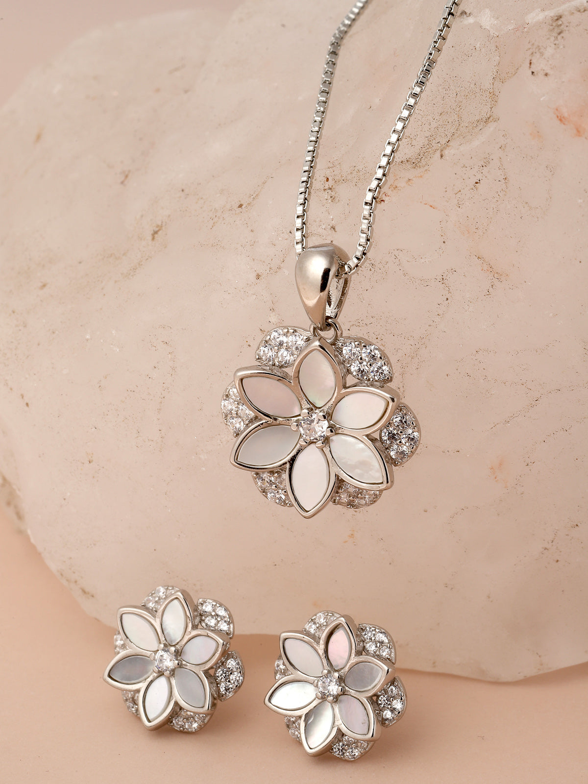 Pissara by Sukkhi Attractive 925 Sterling Silver Floral Shaped Cubic Zirconia Pendant Set For Women & Girls|with Authenticity Certificate, 925 Stamp & 6 Months Warranty PS105216