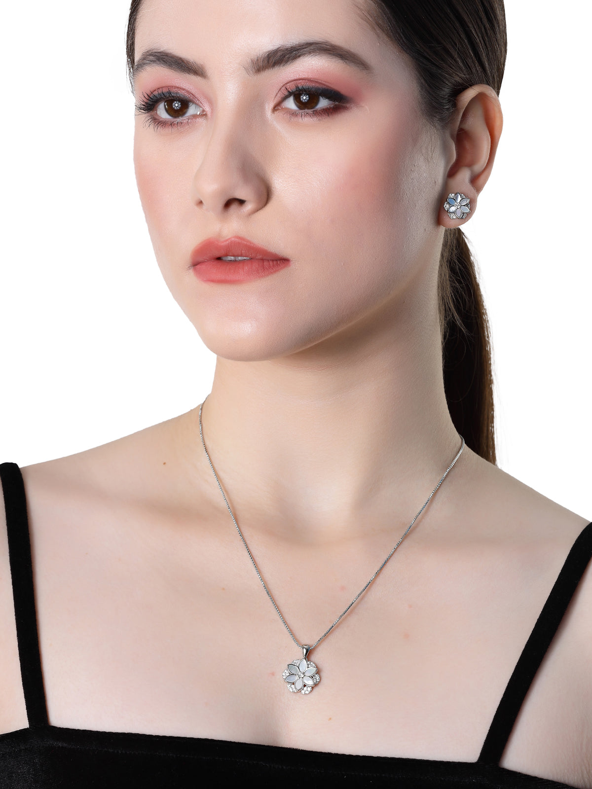 Pissara by Sukkhi Attractive 925 Sterling Silver Floral Shaped Cubic Zirconia Pendant Set For Women & Girls|with Authenticity Certificate, 925 Stamp & 6 Months Warranty PS105216