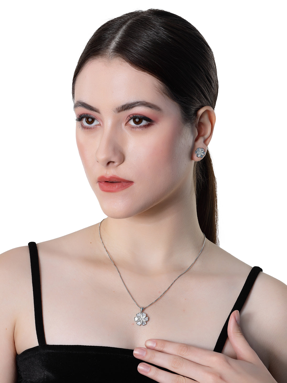 Pissara by Sukkhi Trendy 925 Sterling Silver Floral Shaped Cubic Zirconia Pendant Set For Women & Girls|with Authenticity Certificate, 925 Stamp & 6 Months Warranty PS105217