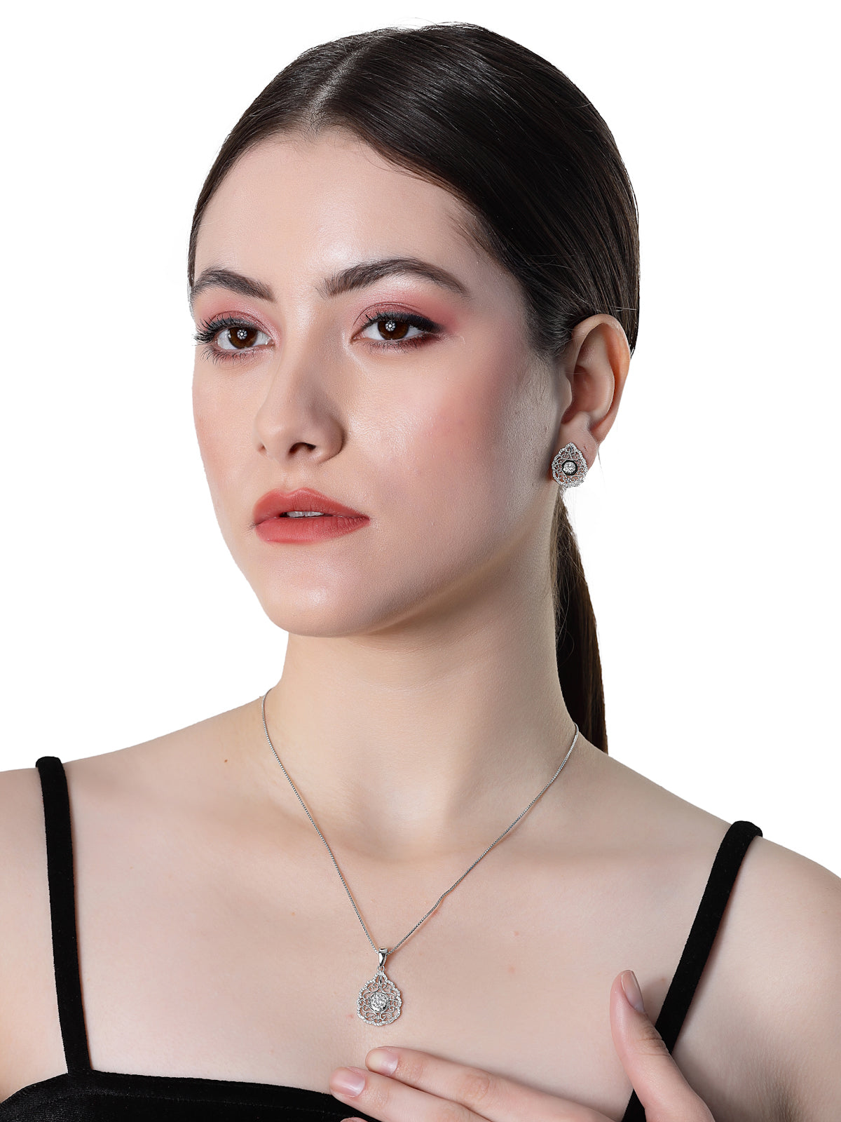 Pissara by Sukkhi Magnificent 925 Sterling Silver Filigree Shaped Cubic Zirconia Pendant Set For Women & Girls|with Authenticity Certificate, 925 Stamp & 6 Months Warranty PS105219