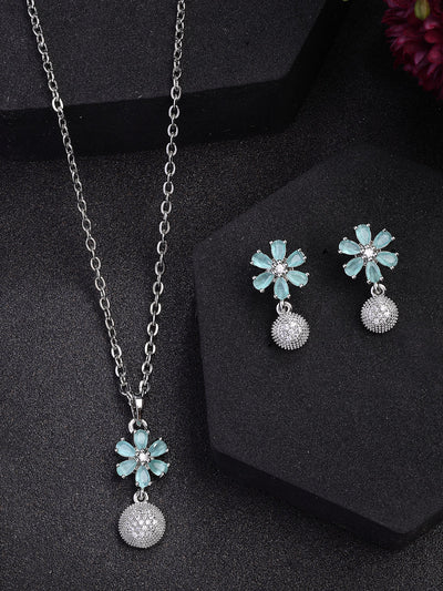 Sukkhi Nice-Looking Stylish Rhodium Plated Silver Toned Green Cubic Zirconia Studded Floral Shaped Cute Pendant with Box Chain & Drop Earrings Jewellery Set for Women & Girls |PS107432