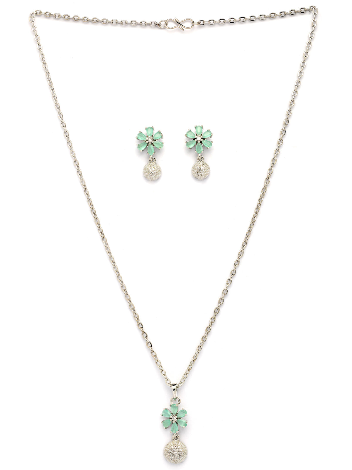 Sukkhi Nice-Looking Stylish Rhodium Plated Silver Toned Green Cubic Zirconia Studded Floral Shaped Cute Pendant with Box Chain & Drop Earrings Jewellery Set for Women & Girls |PS107432
