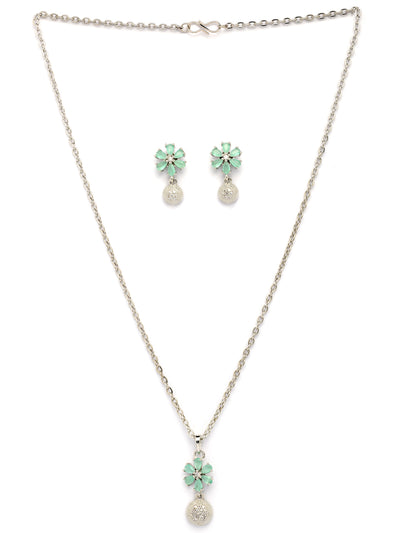 Sukkhi Nice-Looking Stylish Rhodium Plated Silver Toned Green Cubic Zirconia Studded Floral Shaped Cute Pendant with Box Chain & Drop Earrings Jewellery Set for Women & Girls |PS107432