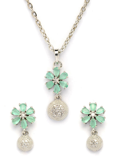 Sukkhi Nice-Looking Stylish Rhodium Plated Silver Toned Green Cubic Zirconia Studded Floral Shaped Cute Pendant with Box Chain & Drop Earrings Jewellery Set for Women & Girls |PS107432