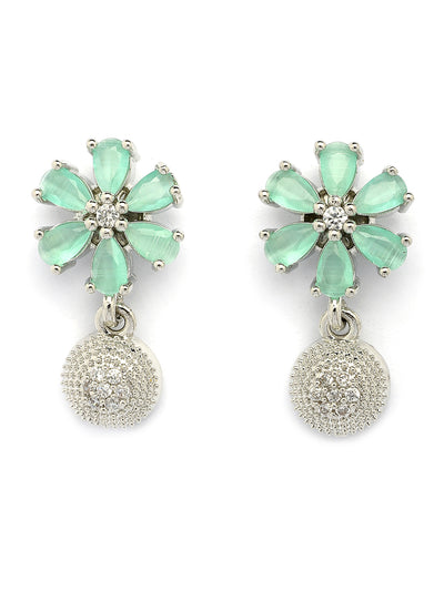 Sukkhi Nice-Looking Stylish Rhodium Plated Silver Toned Green Cubic Zirconia Studded Floral Shaped Cute Pendant with Box Chain & Drop Earrings Jewellery Set for Women & Girls |PS107432