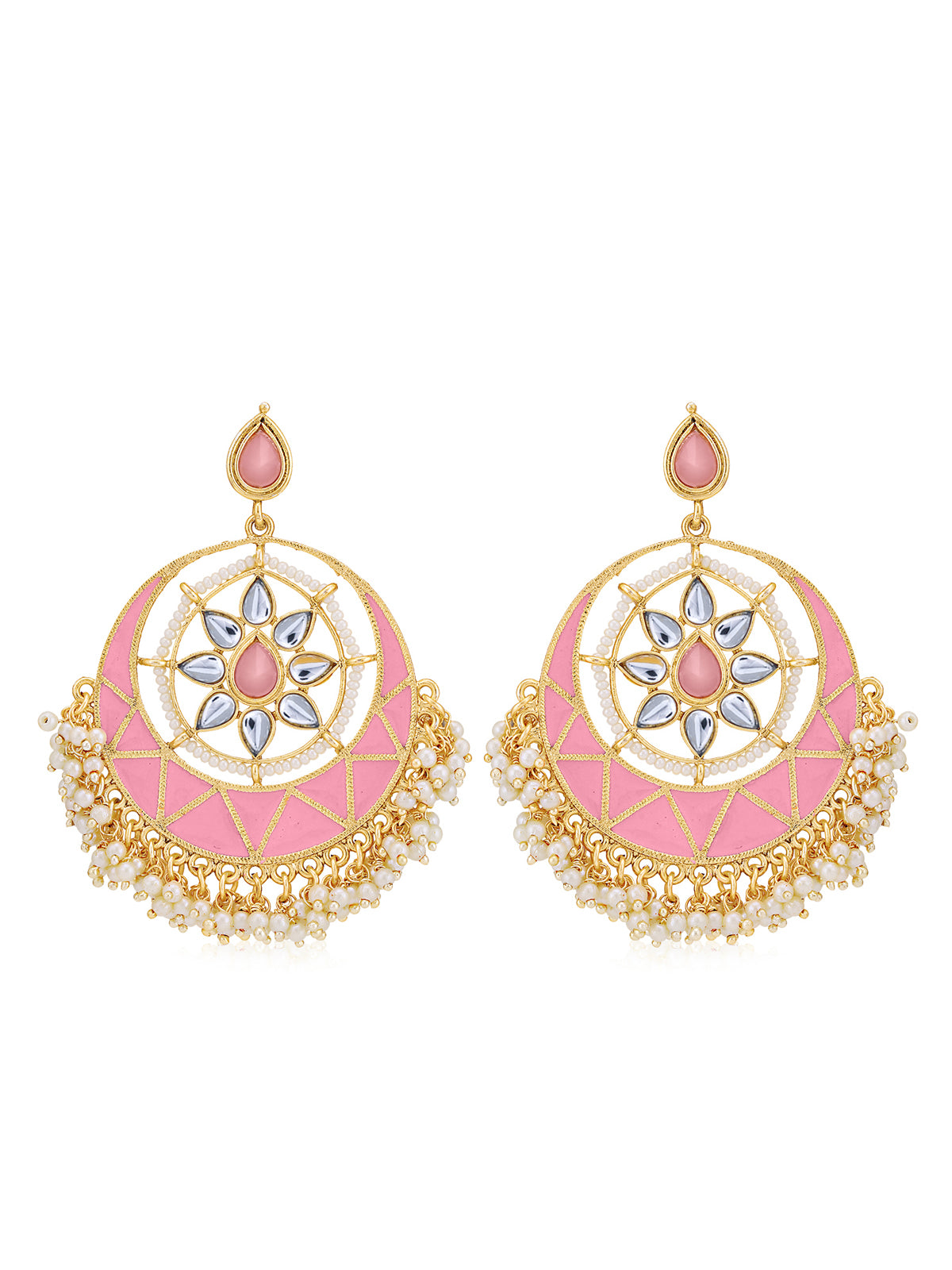 Sukkhi Dazzling Pearl Gold Plated Kundan Meenakari Chandbali Earring for Women SKR56735