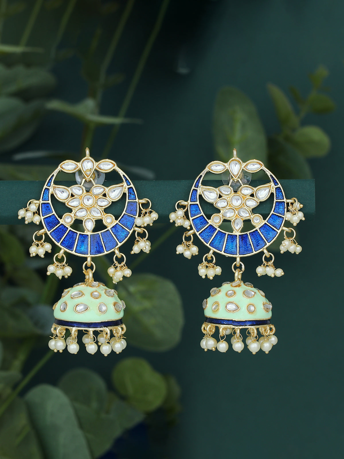 Sukkhi Sparkling Pearl Gold Plated Kundan Meenakari Chandbali Earring for Women SKR56745