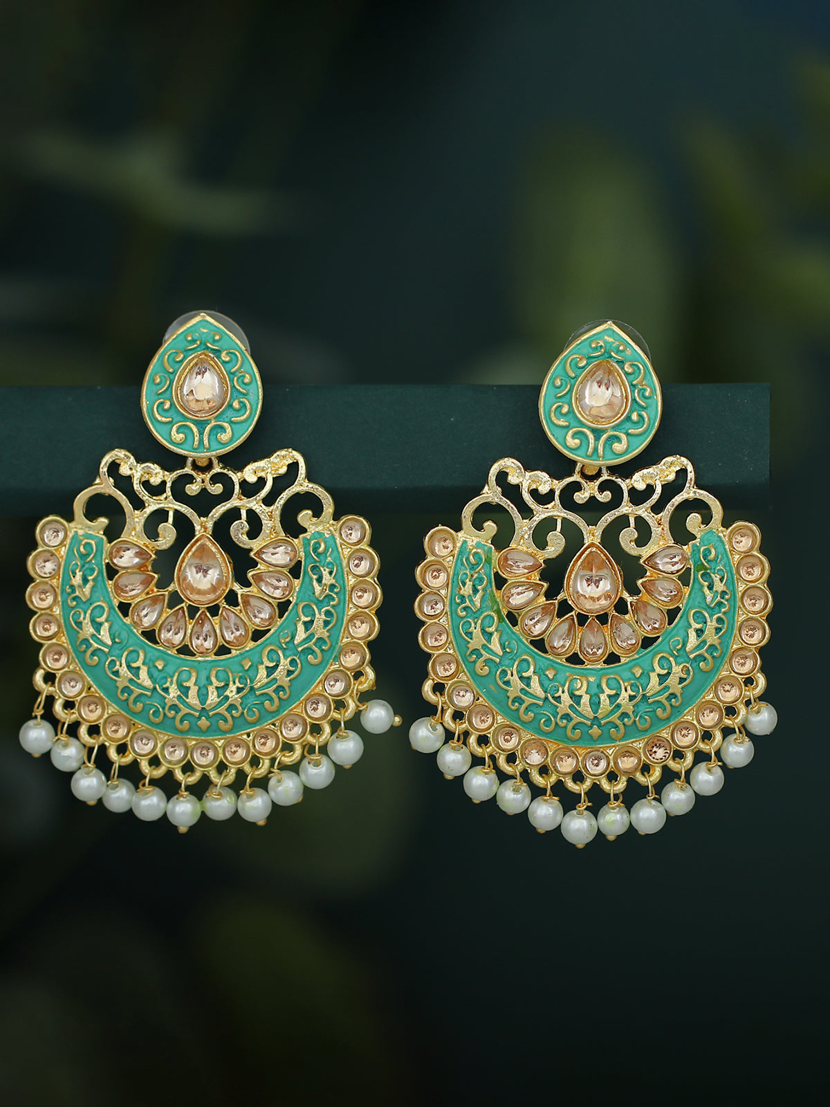 Sukkhi Glistening LCT Gold Plated Pearl Meenakari Chandbali Earring For Women SKR56814