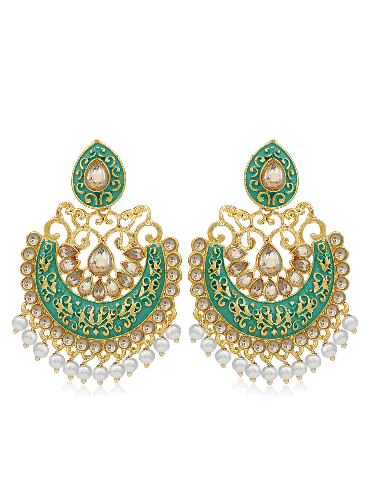 Sukkhi Glistening LCT Gold Plated Pearl Meenakari Chandbali Earring For Women SKR56814