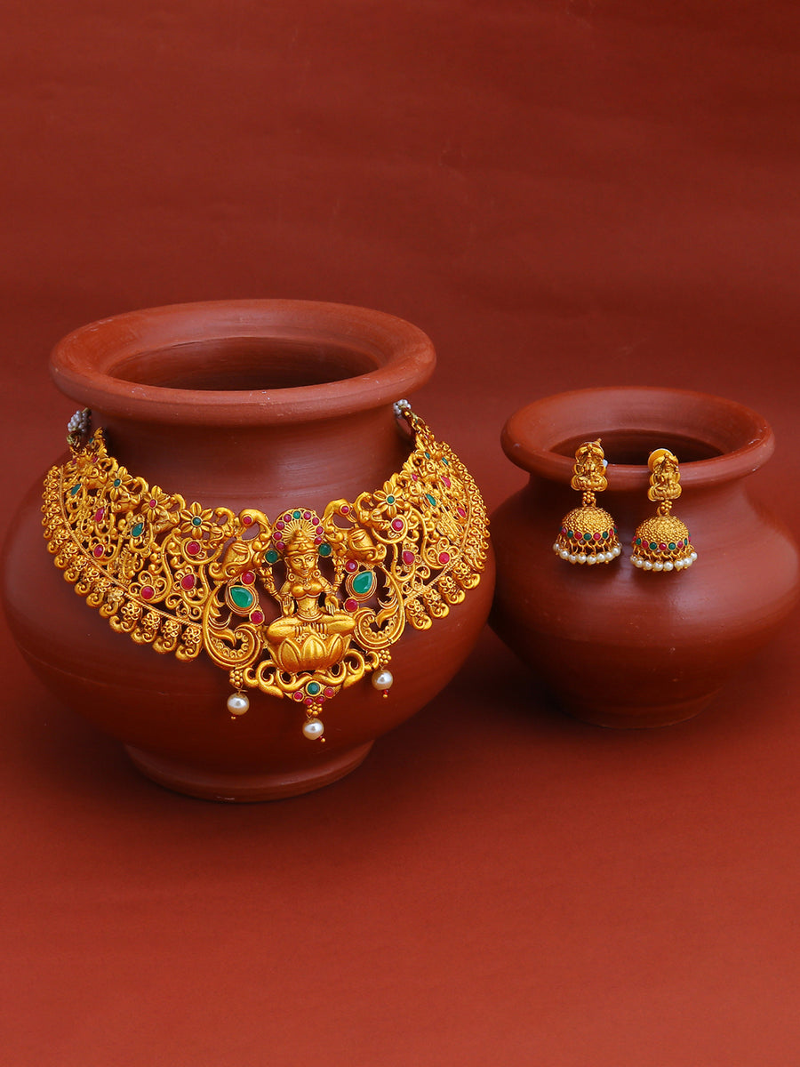 Sukkhi Stunning Gold Plated Temple Choker Necklace Set for Women SKR61671