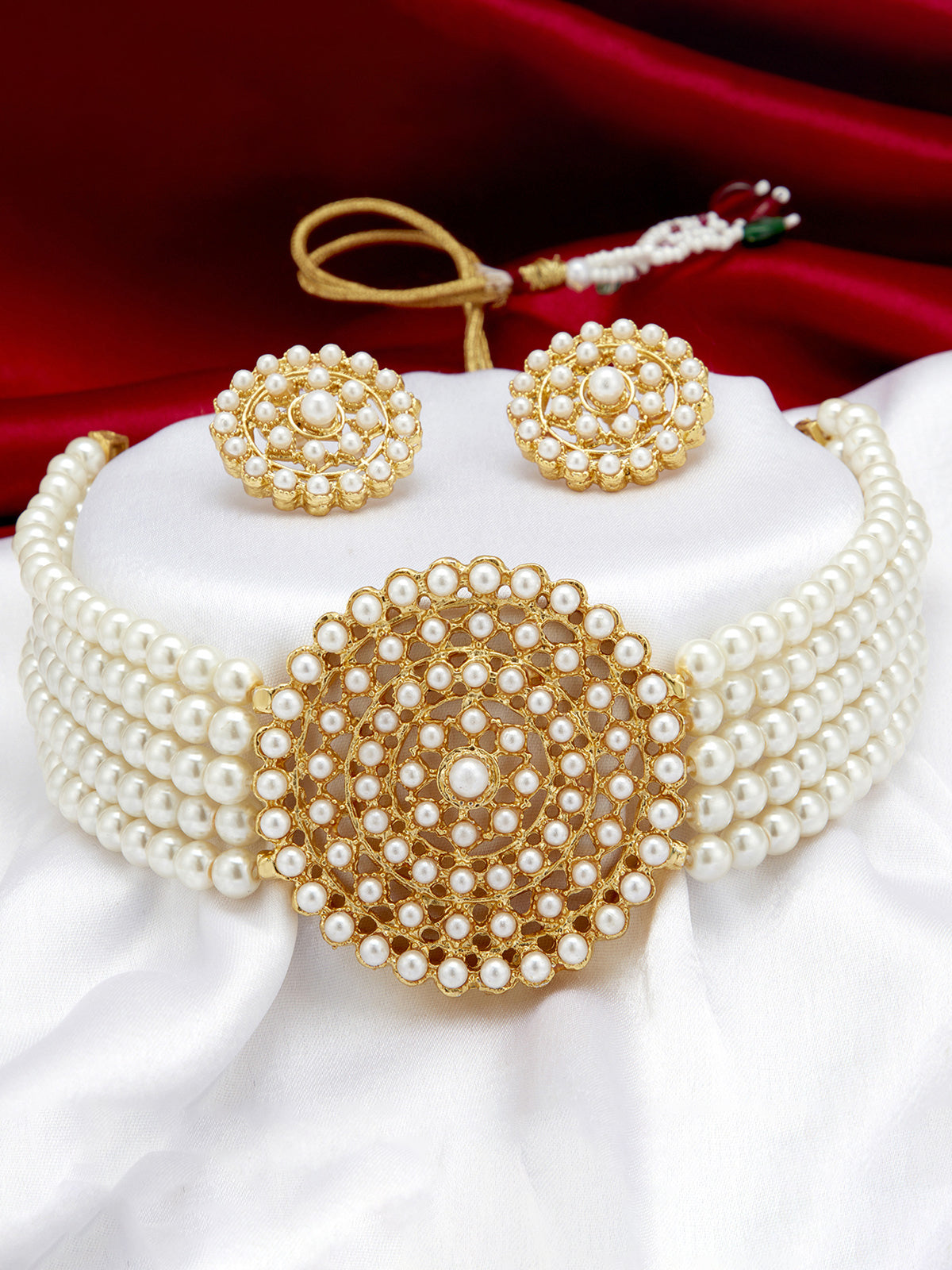 Sukkhi Lavish Gold Plated White Pearl Choker Necklace Set for Women SKR69591