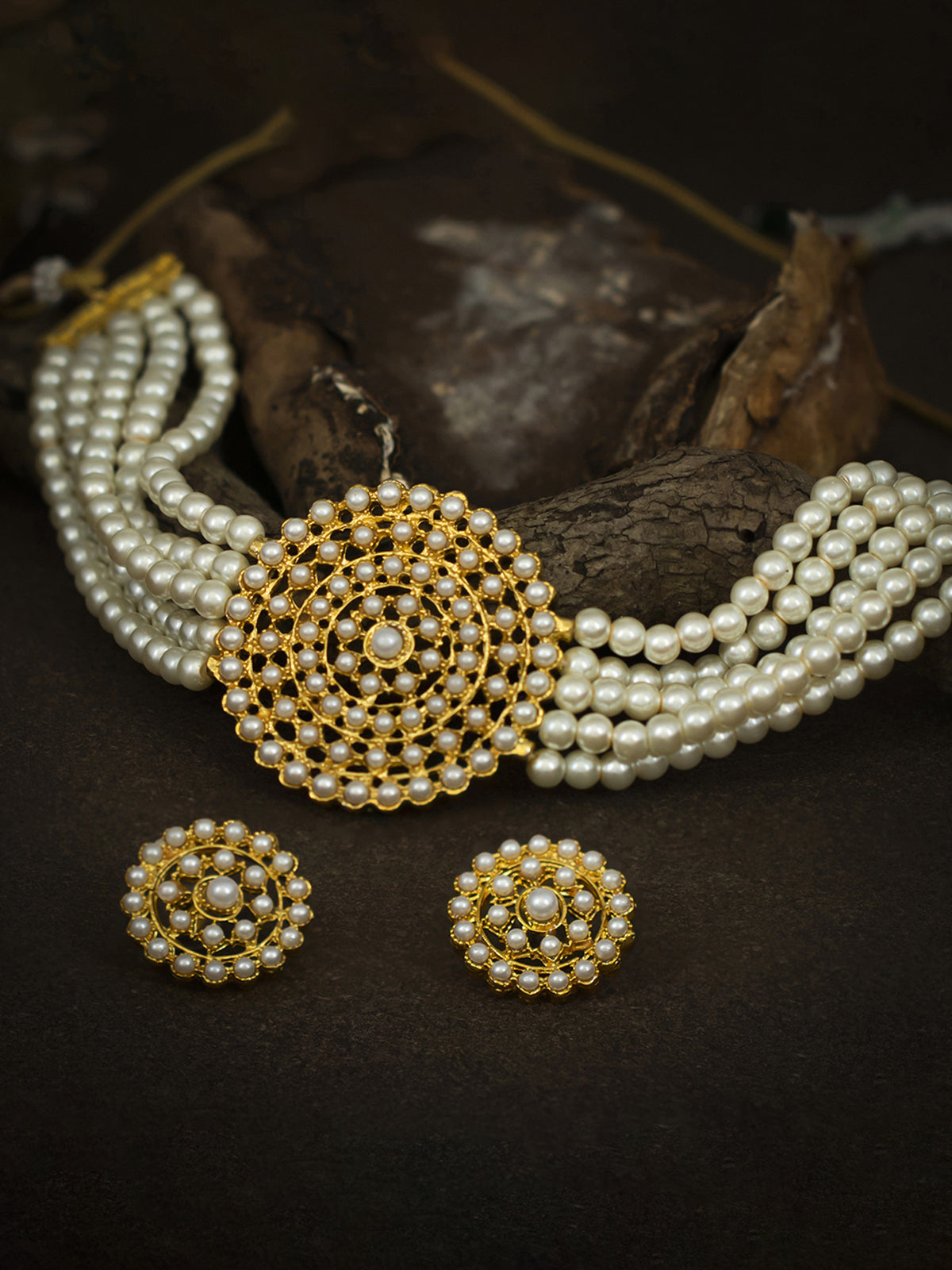 Sukkhi Lavish Gold Plated White Pearl Choker Necklace Set for Women SKR69591