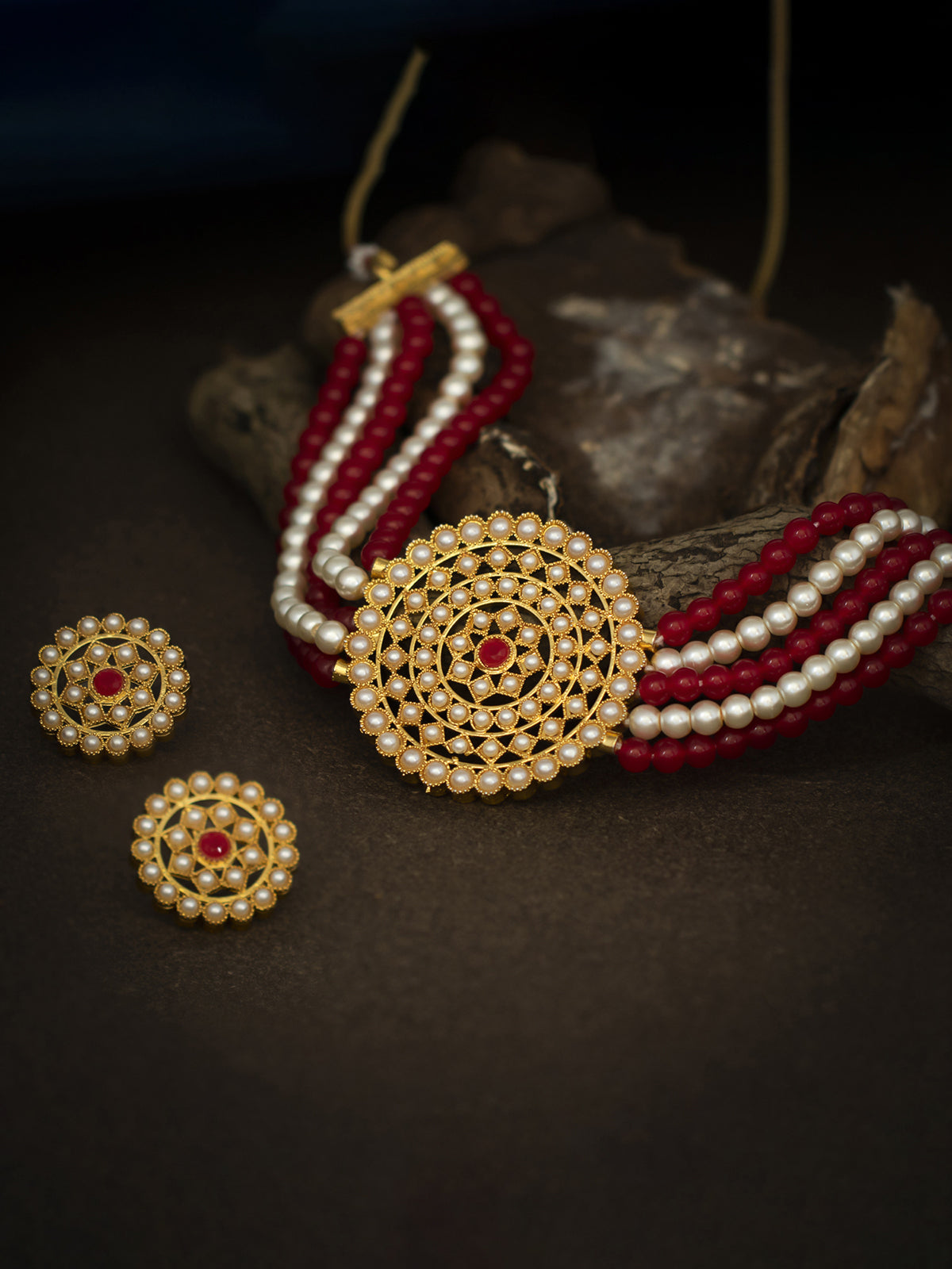 Sukkhi Cluster Gold Plated Red & White Pearl Choker Necklace Set for Women SKR70054