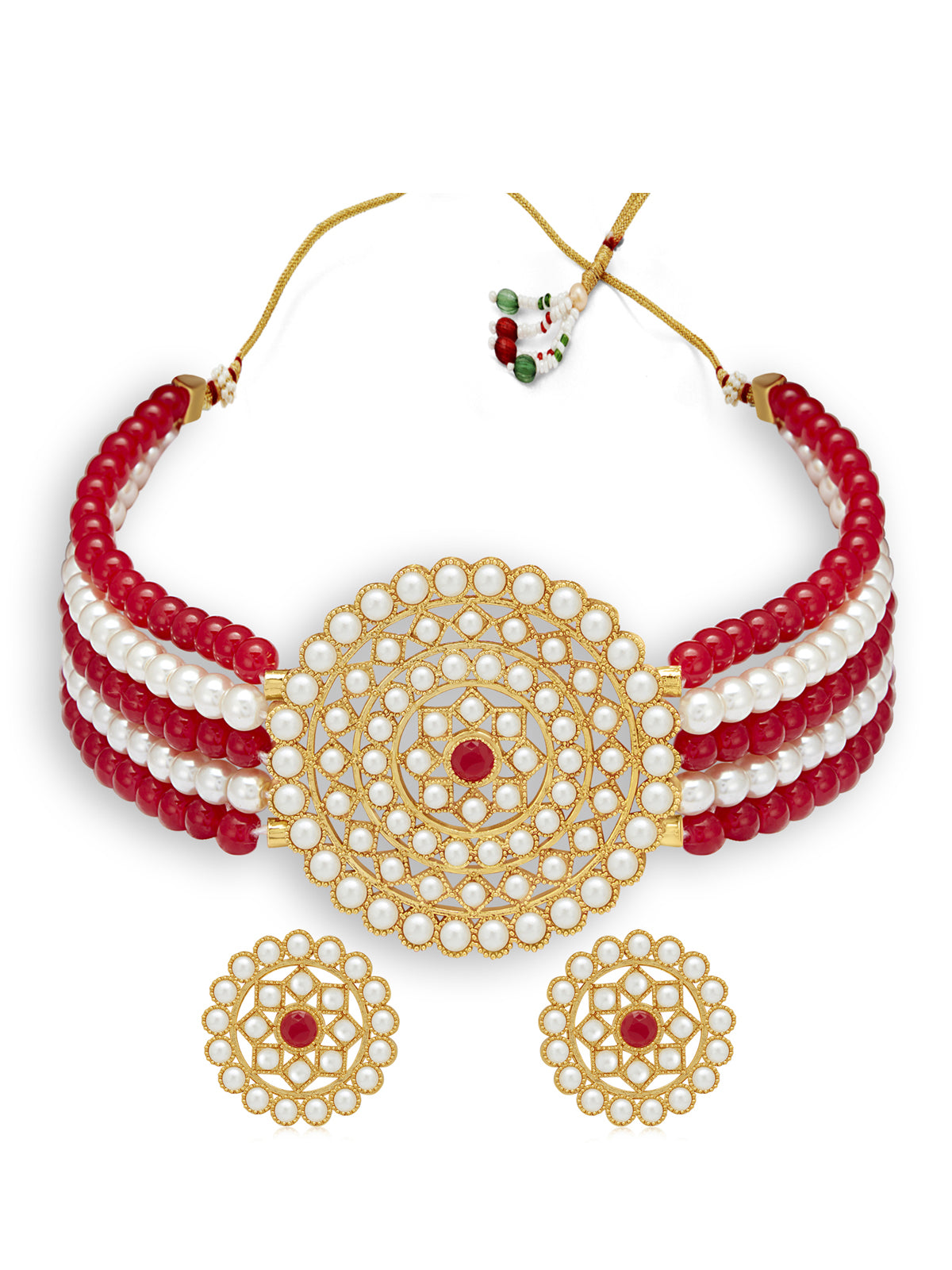 Sukkhi Cluster Gold Plated Red & White Pearl Choker Necklace Set for Women SKR70054