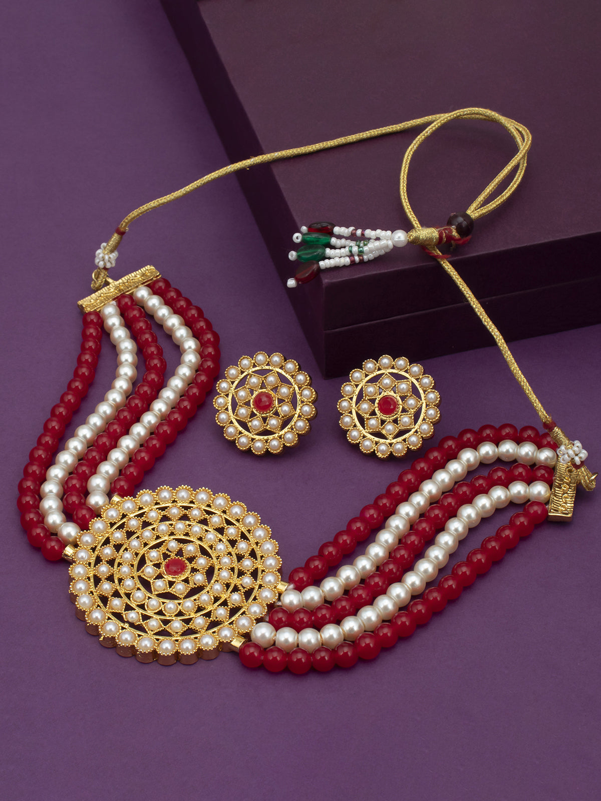 Sukkhi Cluster Gold Plated Red & White Pearl Choker Necklace Set for Women SKR70054