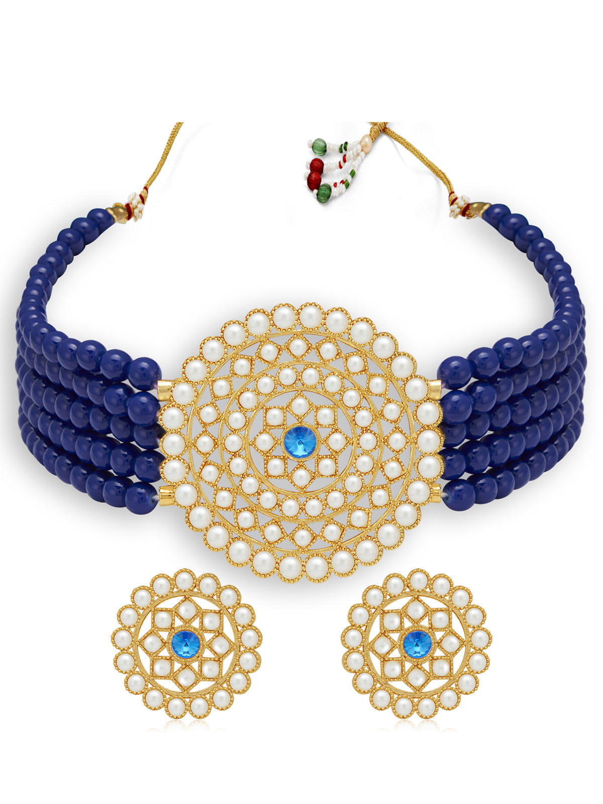 Sukkhi Lovely Gold Plated Dark Blue Pearl Choker Necklace Set for Women SKR70058