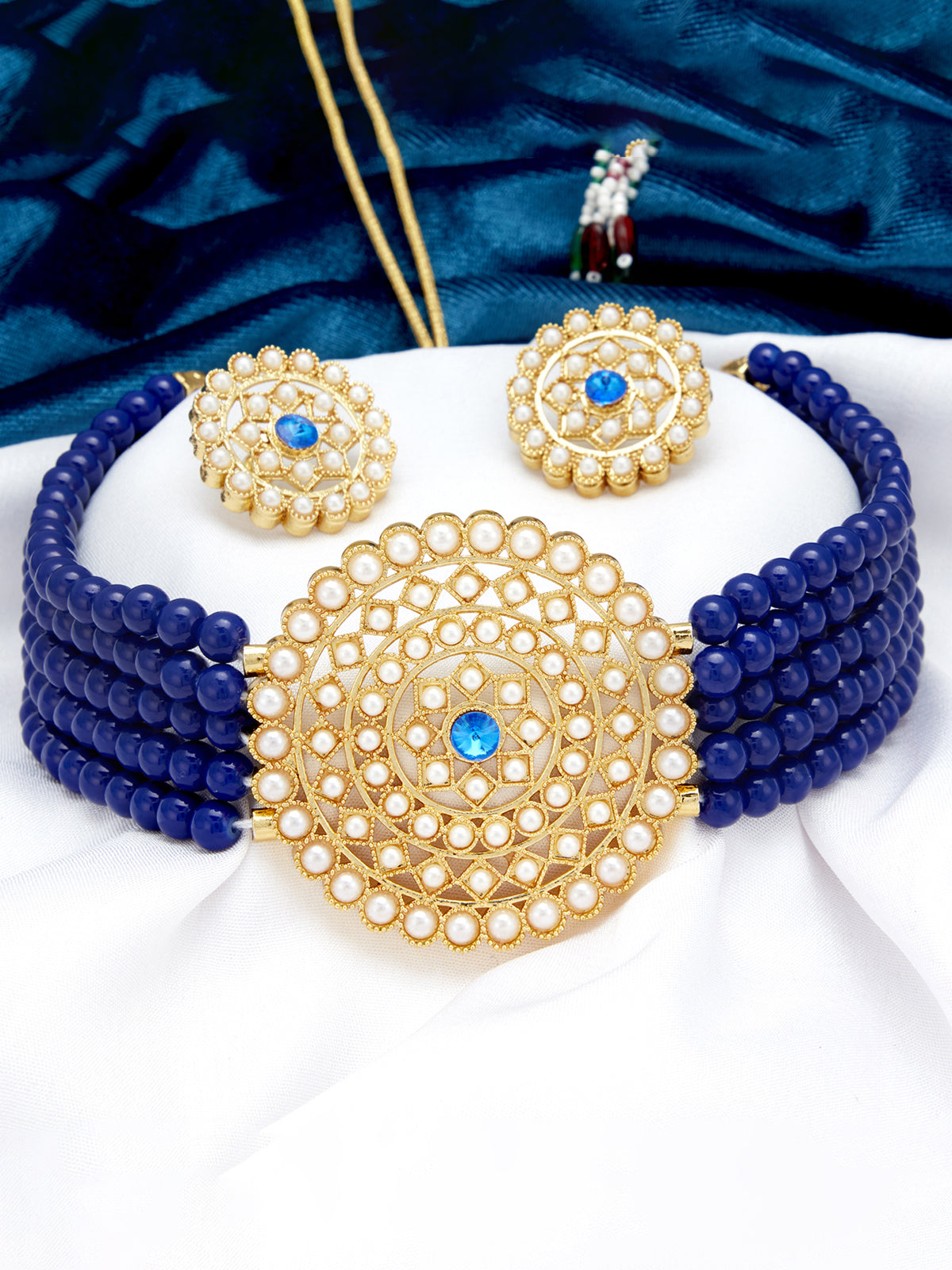 Sukkhi Lovely Gold Plated Dark Blue Pearl Choker Necklace Set for Women SKR70058