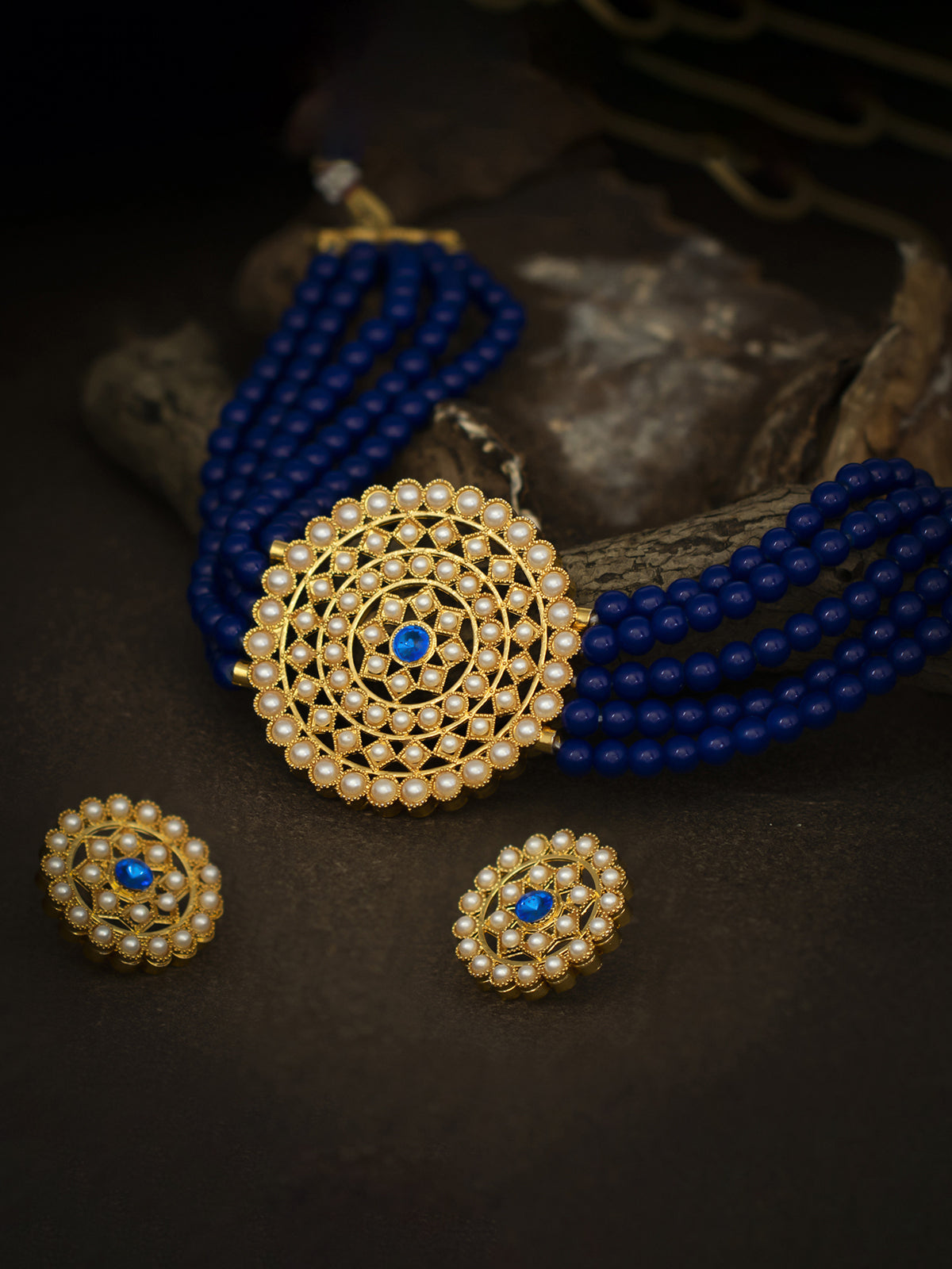 Sukkhi Lovely Gold Plated Dark Blue Pearl Choker Necklace Set for Women SKR70058