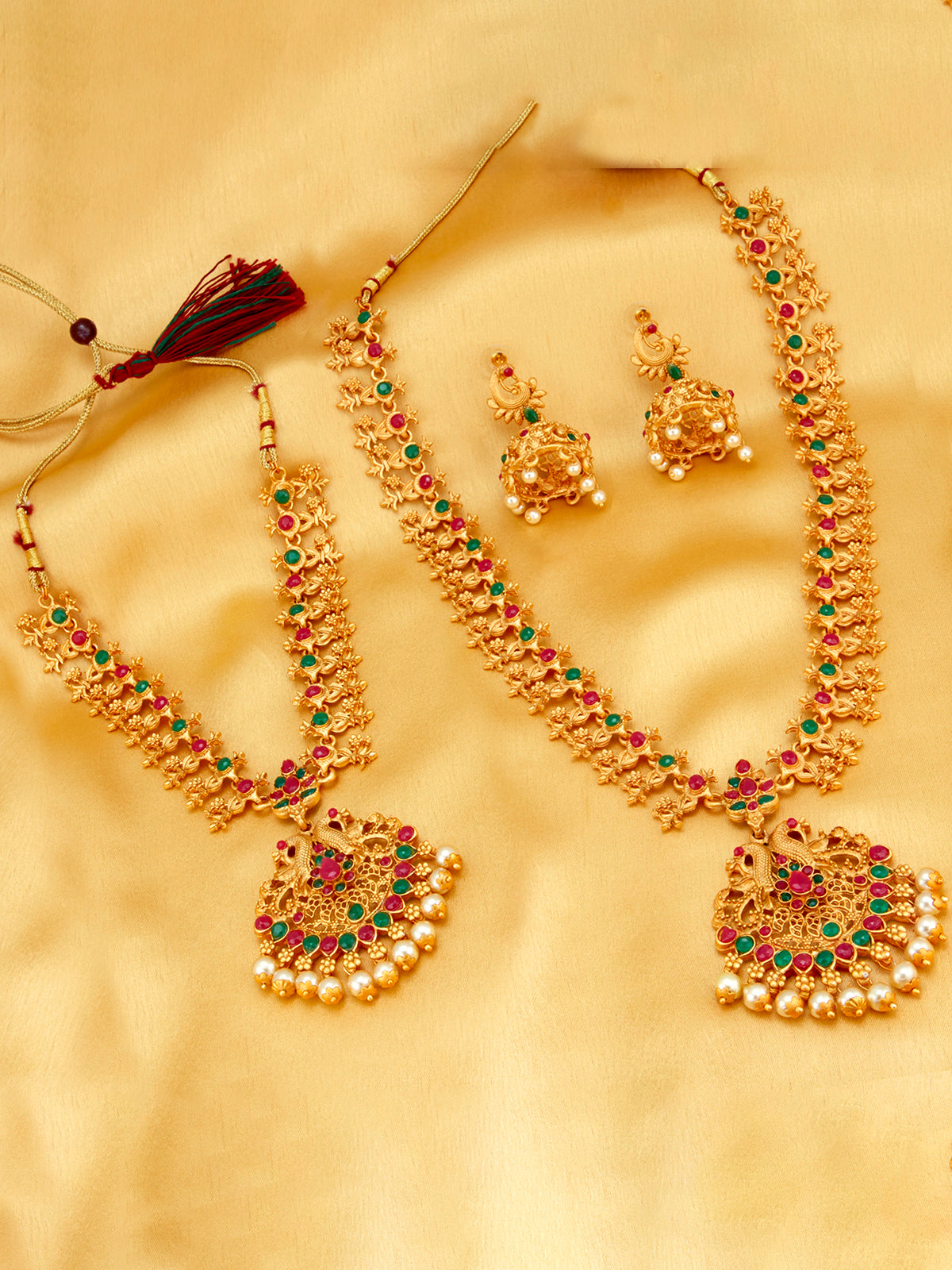 Sukkhi Ethnic Pearl Gold Plated Floral Peacock Long Haram Necklace Set for Women  SKR70418