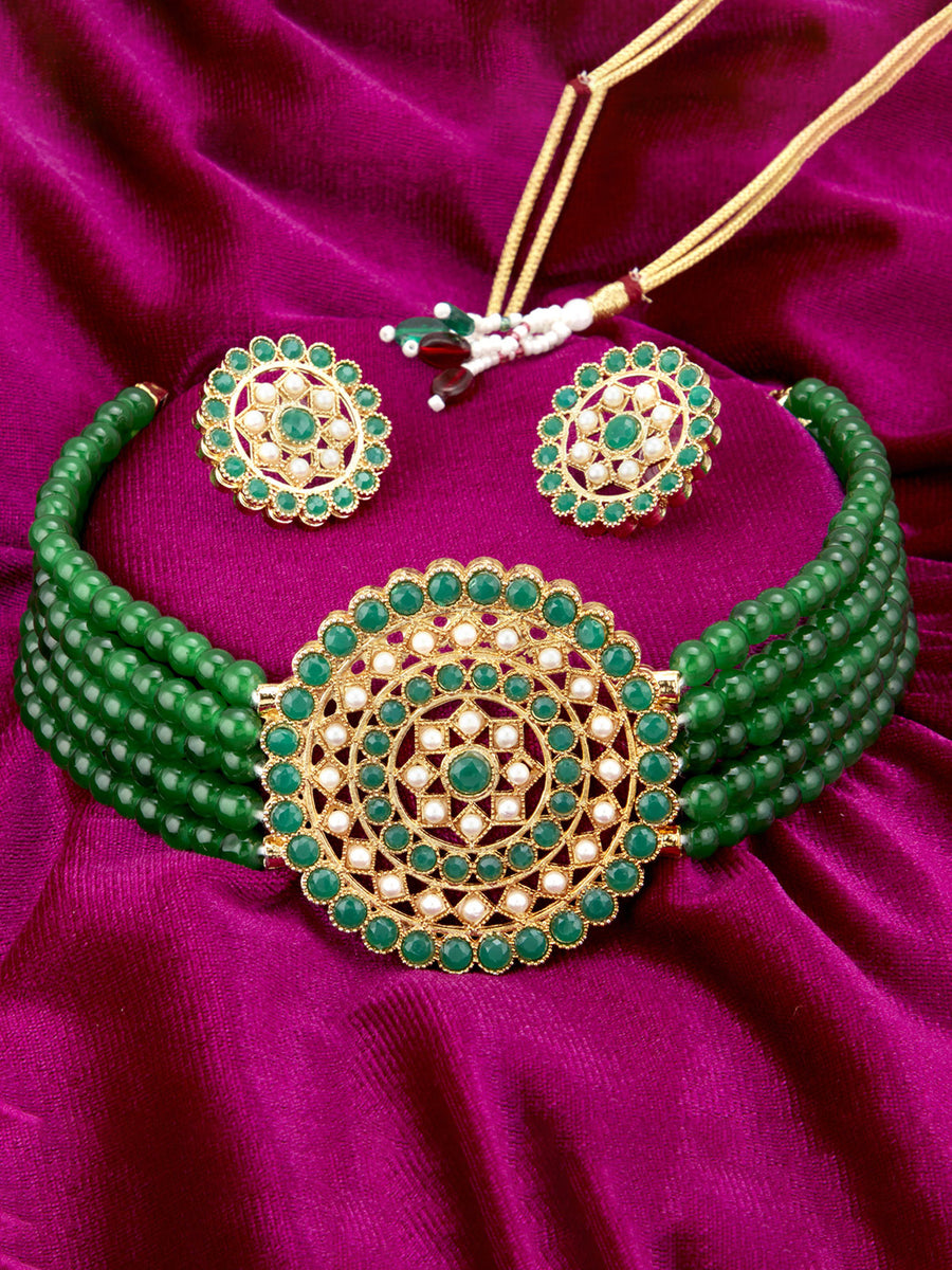 Sukkhi Amazing Gold Plated Green & White Pearl Choker Necklace Set for Women SKR70445