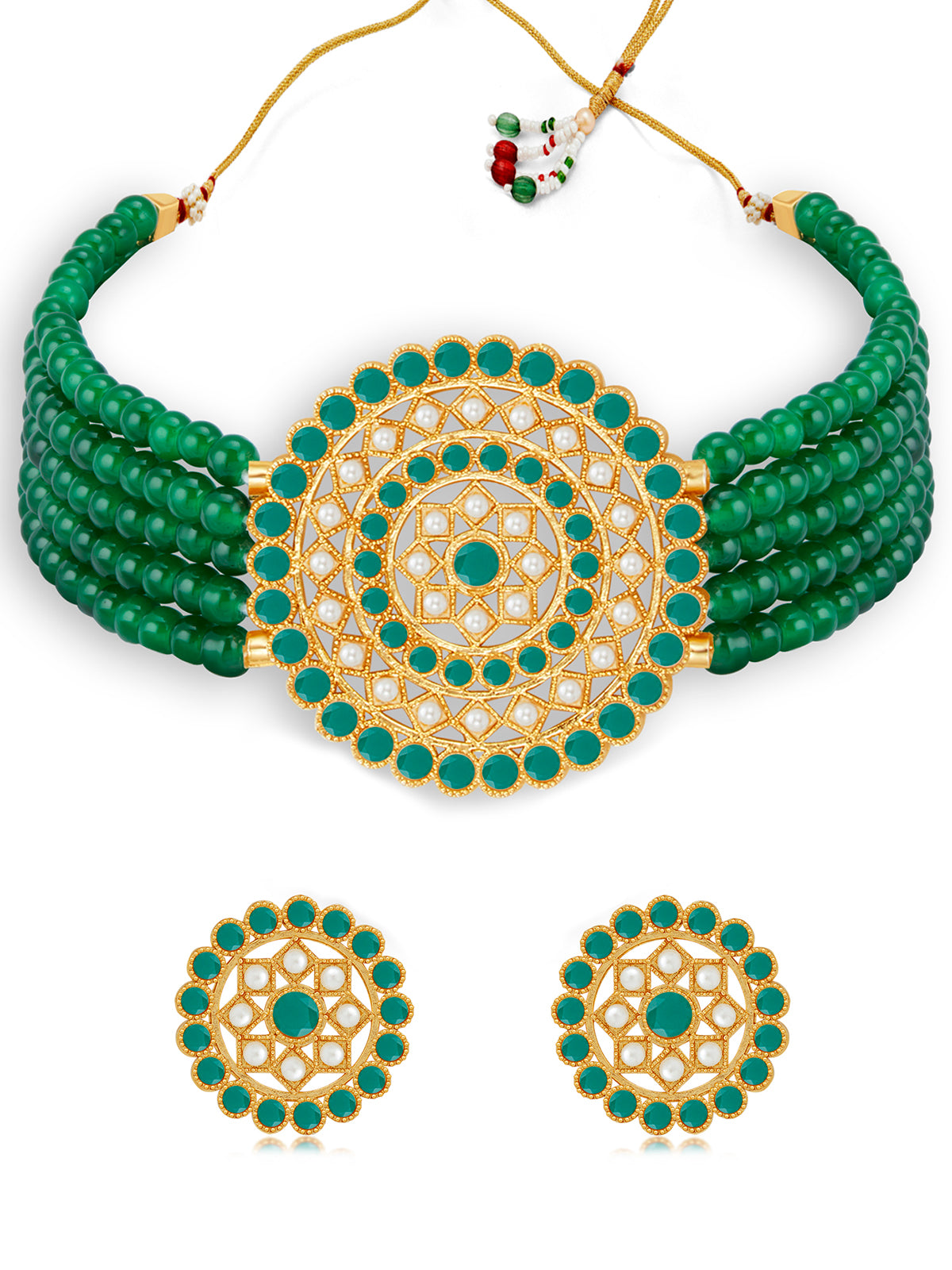 Sukkhi Amazing Gold Plated Green & White Pearl Choker Necklace Set for Women SKR70445