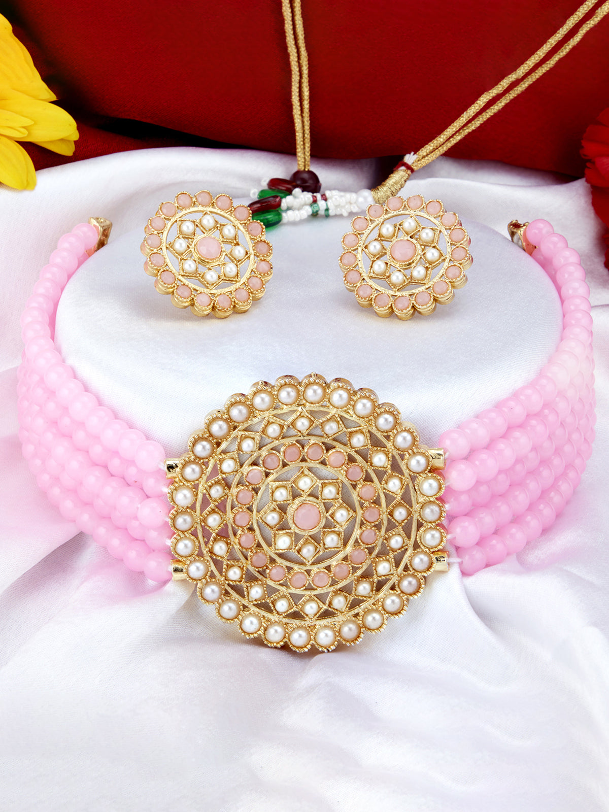 Sukkhi Classic Gold Plated Pastel Pink & White Pearl Choker Necklace Set for Women SKR70451