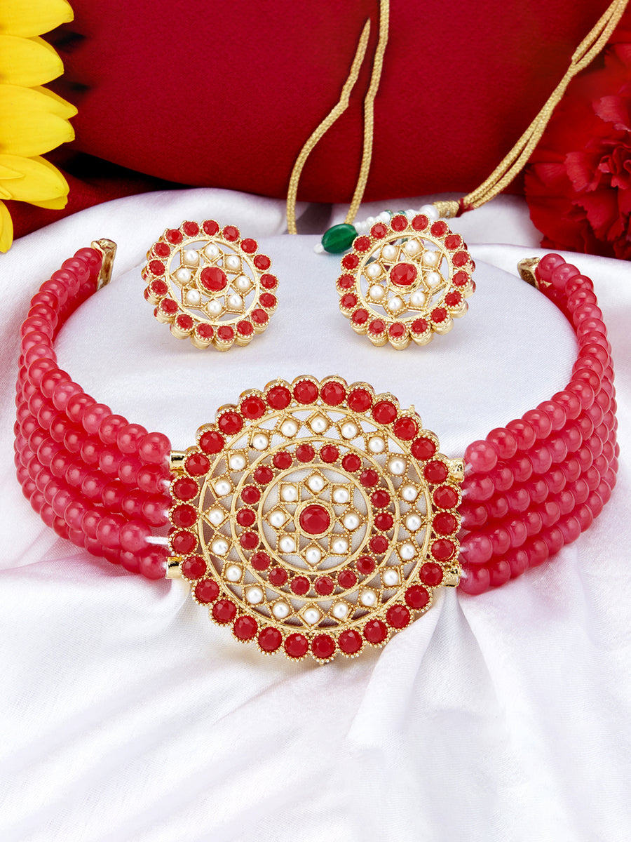 Sukkhi Eye-Catchy Gold Plated Red & White Pearl Choker Necklace Set for Women SKR70452